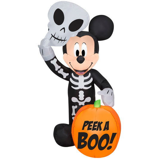 Halloween Inflatable Mickey Mouse in Skeleton Costume with Pumpkin, 4 ft Tall