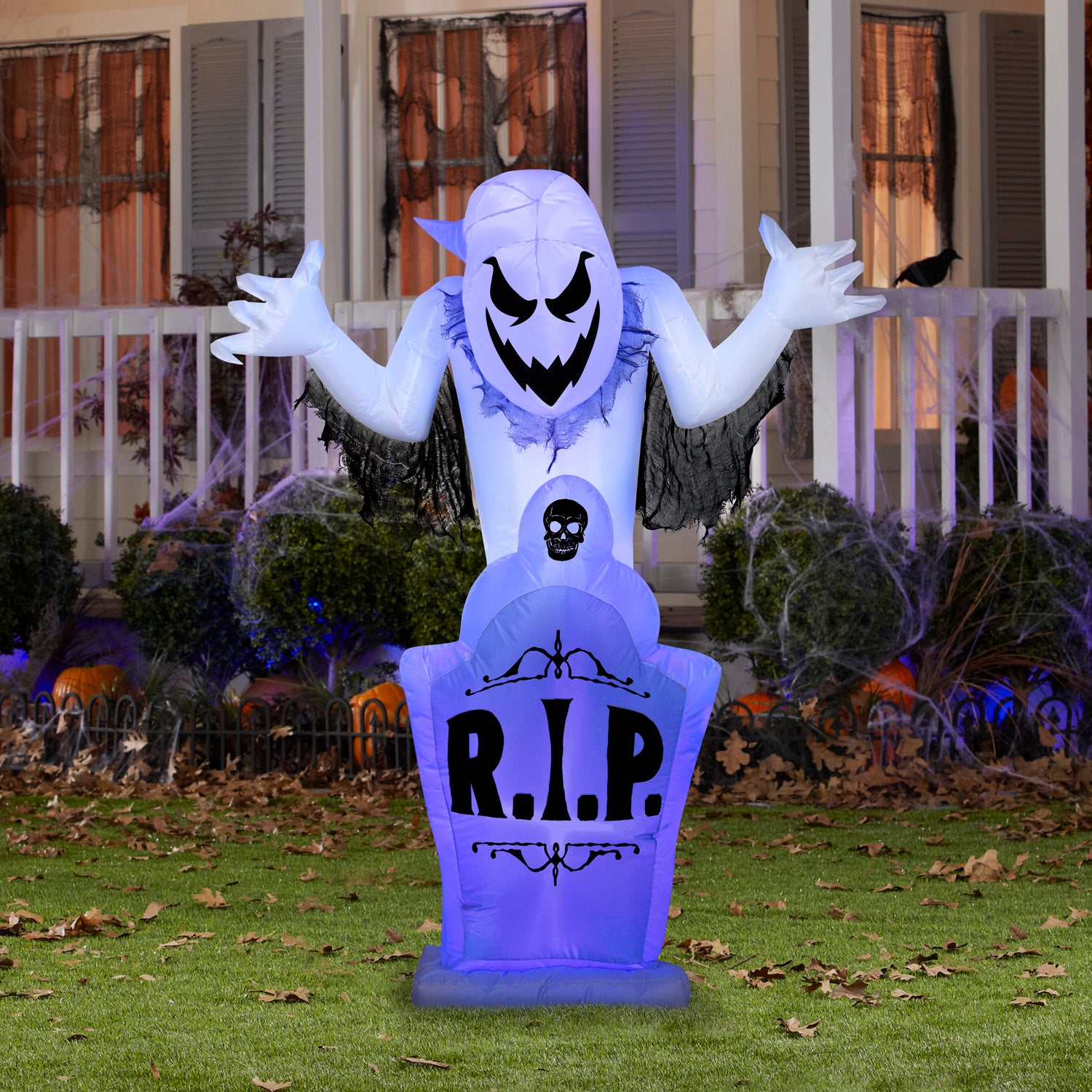 Gemmy Halloween Inflatable Ghost and Tombstone with Flickering Black Lights, 5 ft Tall, Multi