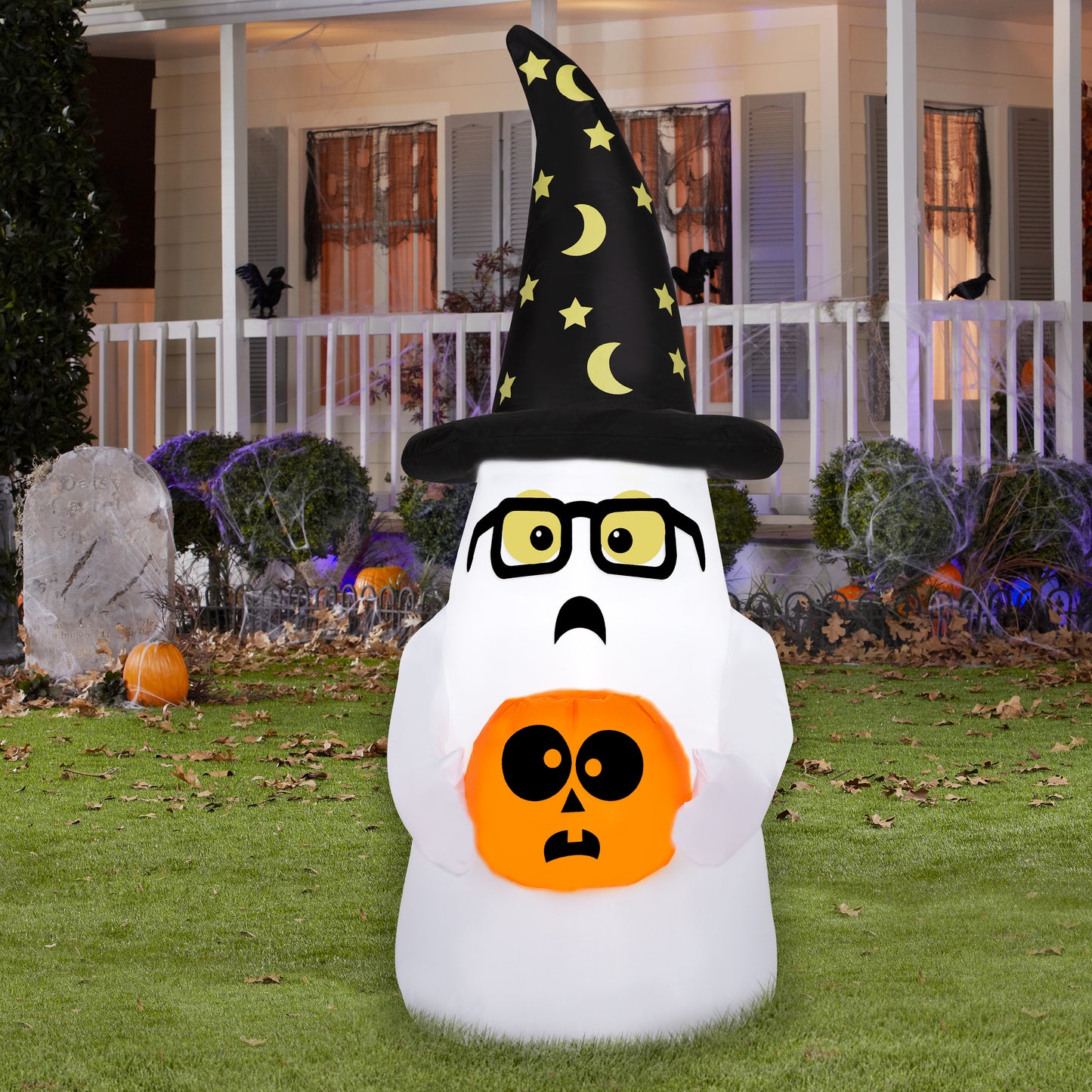 Inflatable Trick or Treating Ghost w/ Wizard Hat, 4 ft Tall lifestyle