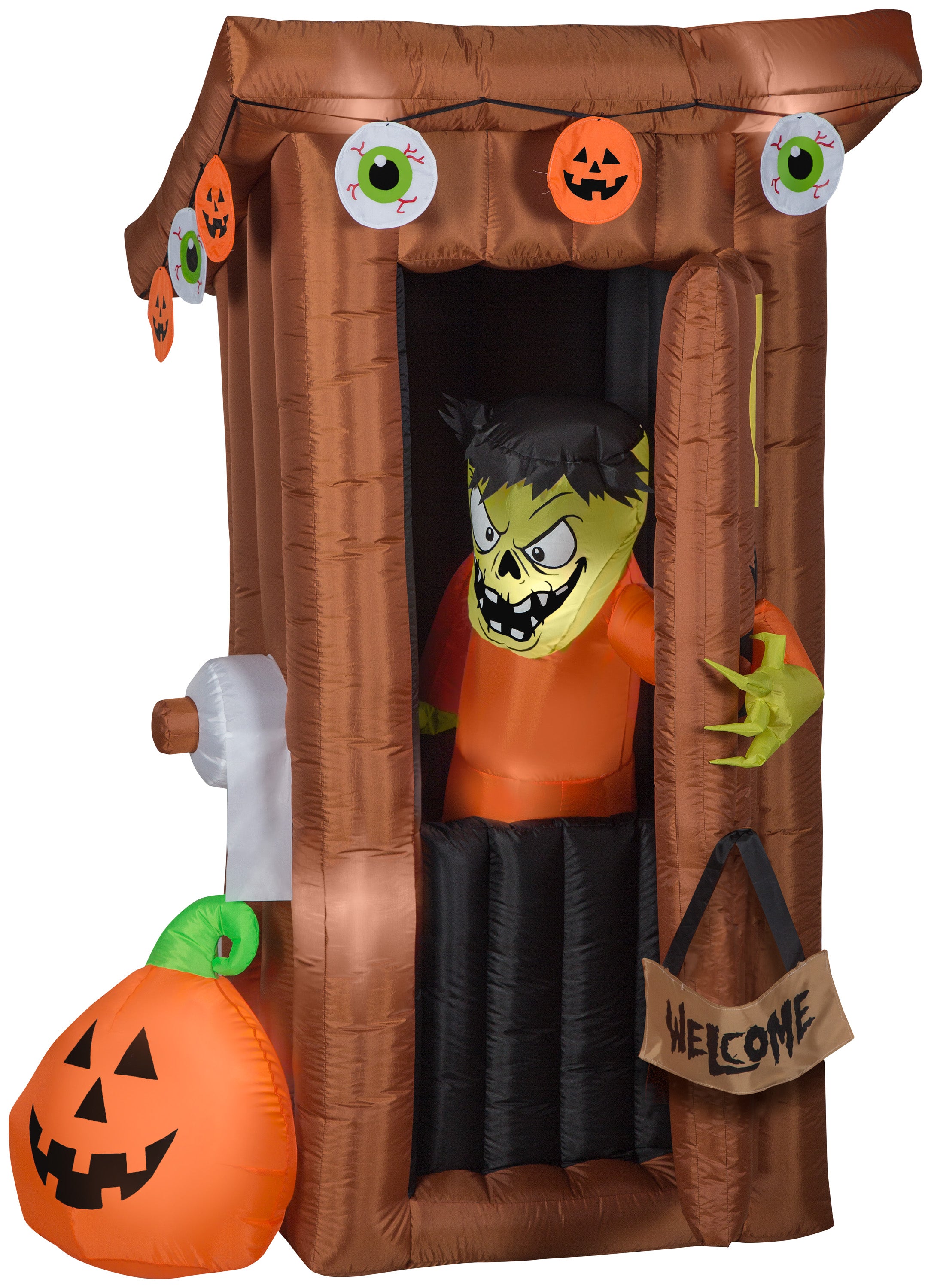 Gemmy Animated Airblown Door Opening Spooky Outhouse w/Monster Scene, 6 ft Tall, brown