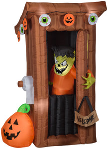 Gemmy Animated Airblown Door Opening Spooky Outhouse w/Monster Scene, 6 ft Tall, brown