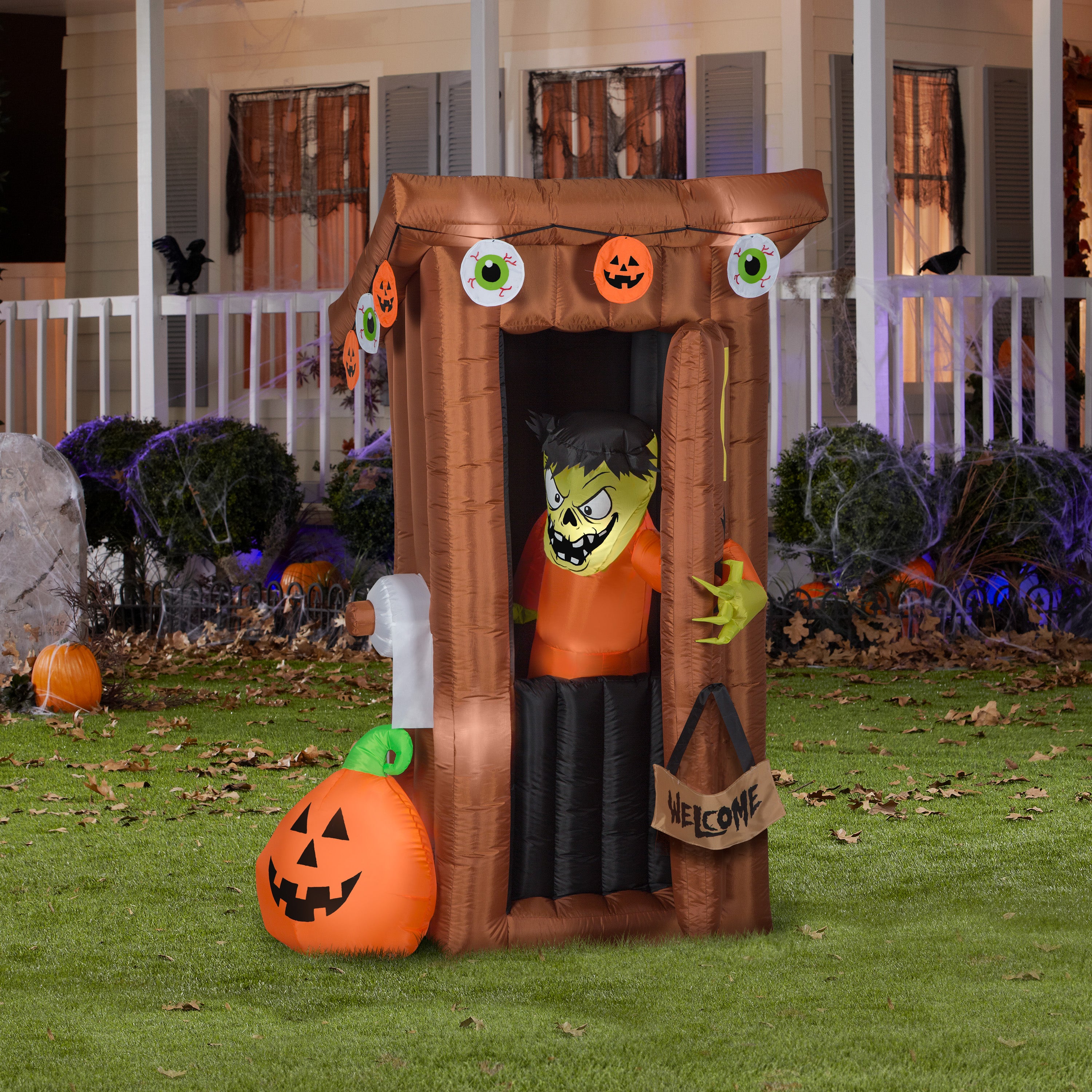 Gemmy Animated Airblown Door Opening Spooky Outhouse w/Monster Scene, 6 ft Tall, brown