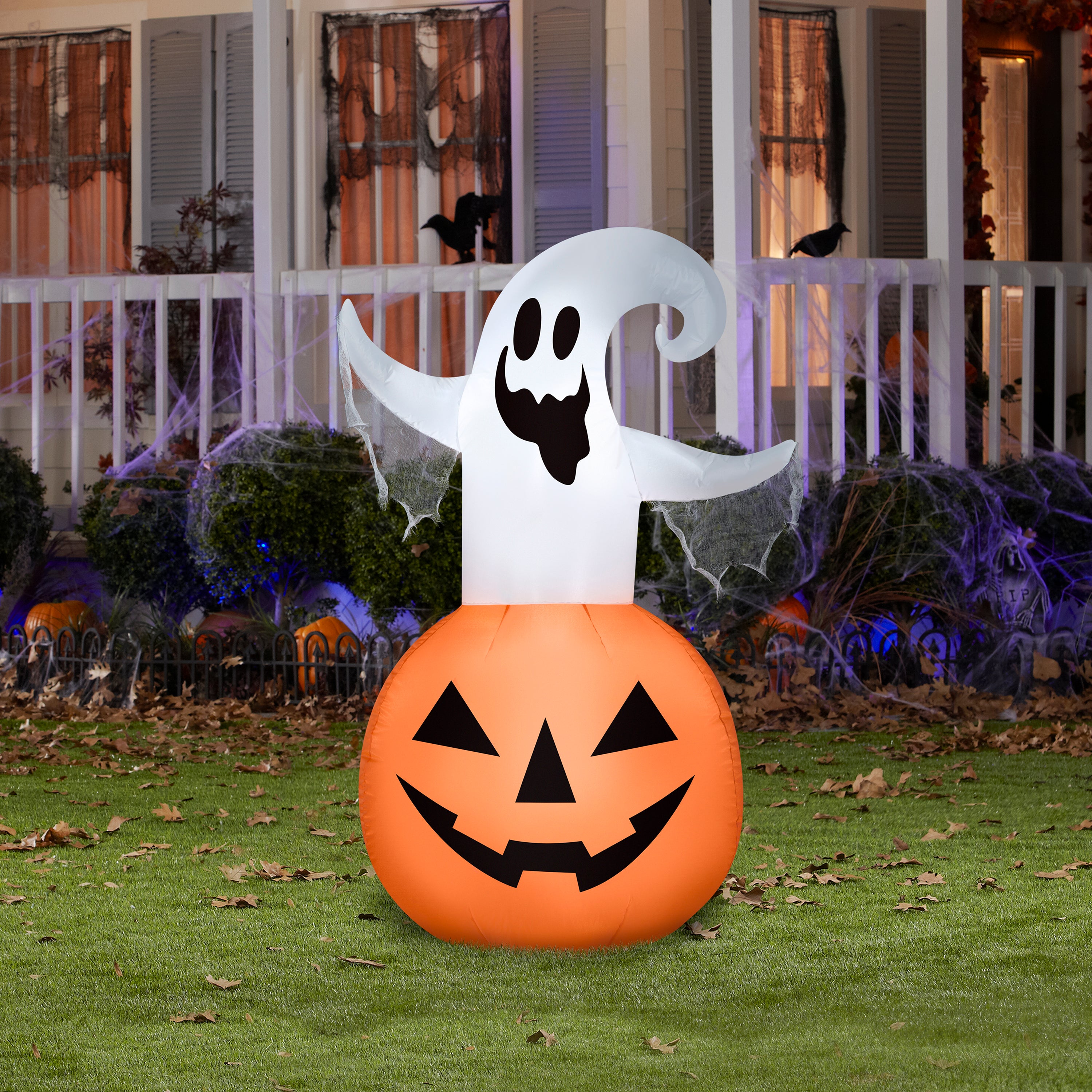 Gemmy Halloween Inflatable Jack O' Lantern with Ghost, 4.5 ft Tall, Multi