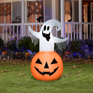 Gemmy Halloween Inflatable Jack O' Lantern with Ghost, 4.5 ft Tall, Multi