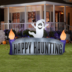 Gemmy Christmas Airblown Inflatable Ghost w/Happy Haunting Sign Scene, 5 ft Tall, Grey