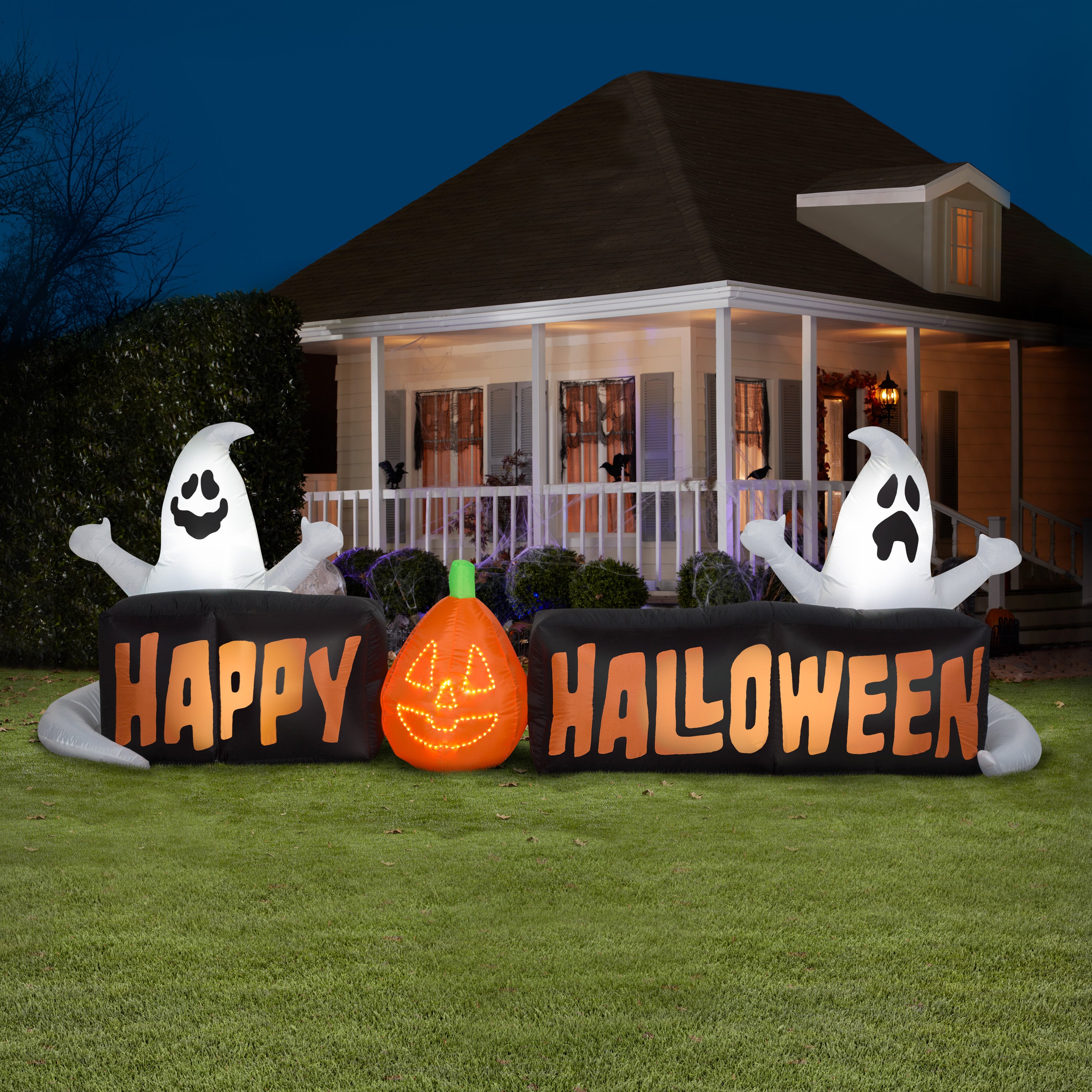 Gemmy Lightshow Airblown Micro Lights Sign Happy Halloween w/Ghosts and JOL Scene (White), 3 ft Tall