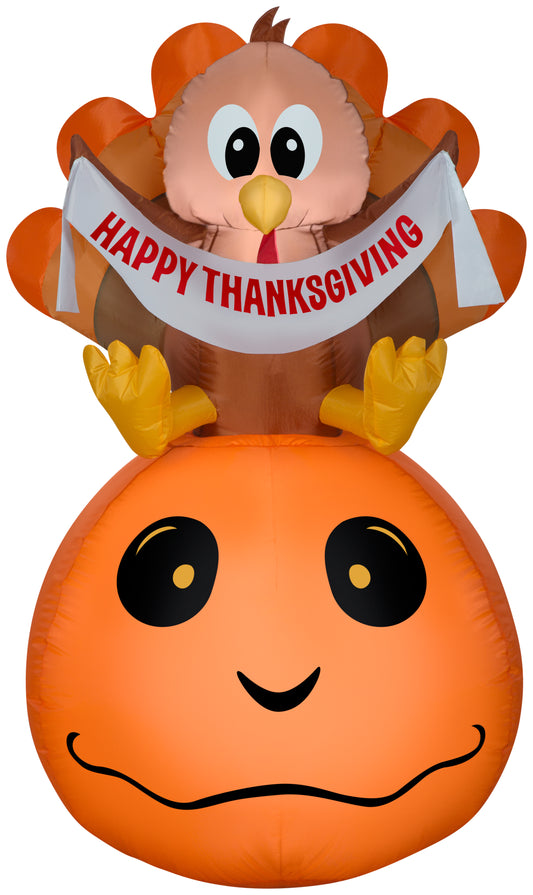 Inflatable Pumpkin and Turkey with Happy Thanksgiving Banner, 4.5 ft Tall, Orange