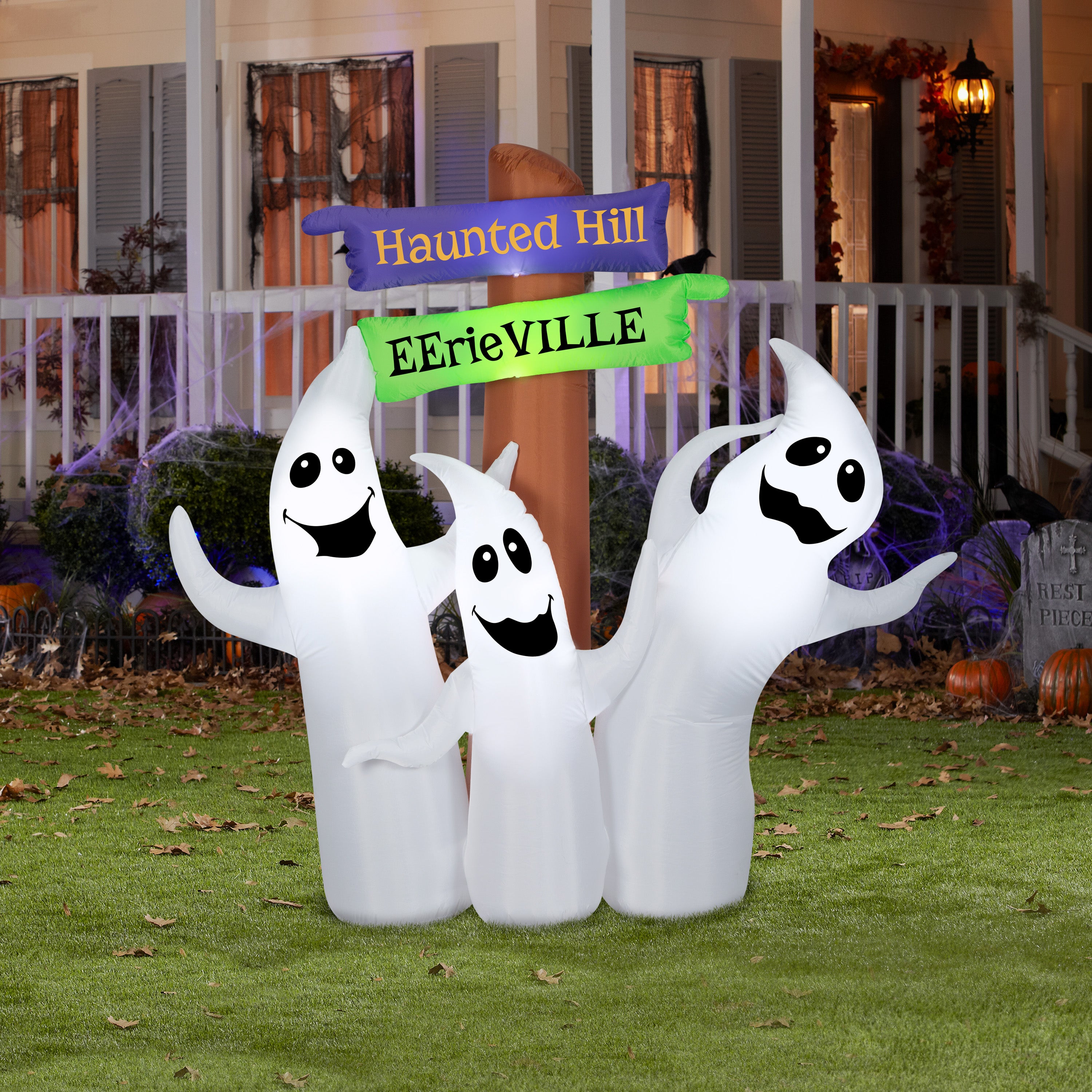 Gemmy Airblown Ghost Trio Sign Scene, 5.5 ft Tall