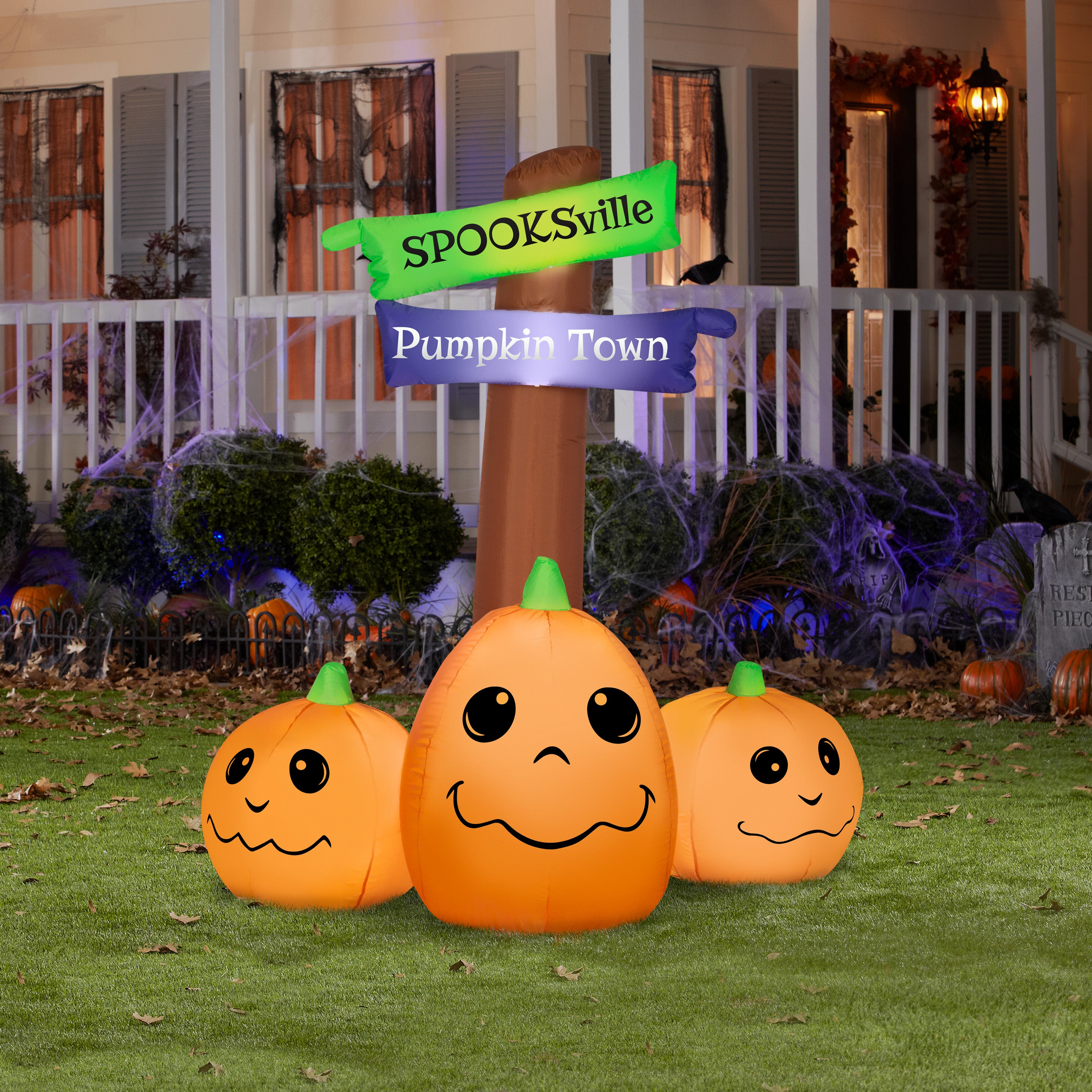 Gemmy Airblown Inflatable Halloween Sign with Jack O' Lantern Trio, 5.5 ft Tall, orange