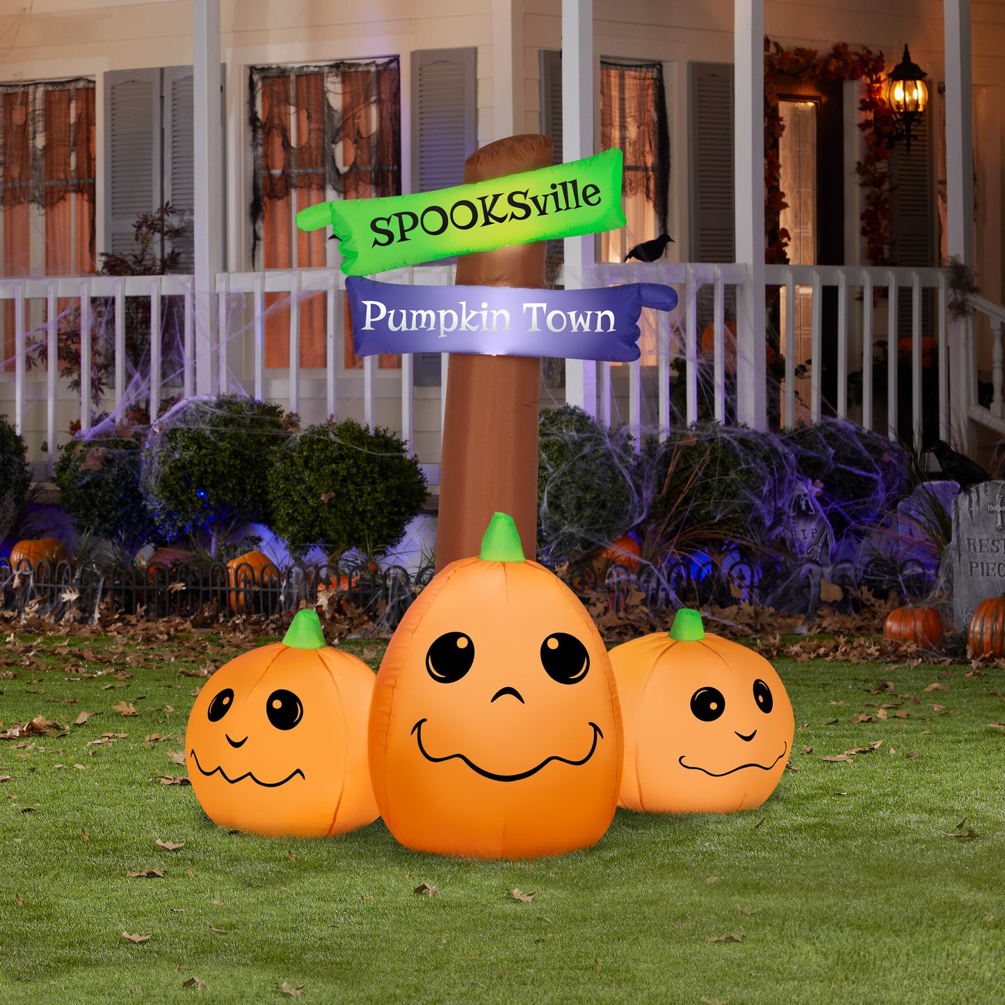 Inflatable Halloween Sign with Jack O' Lantern Trio, 5.5 ft Tall, orange lifestyle