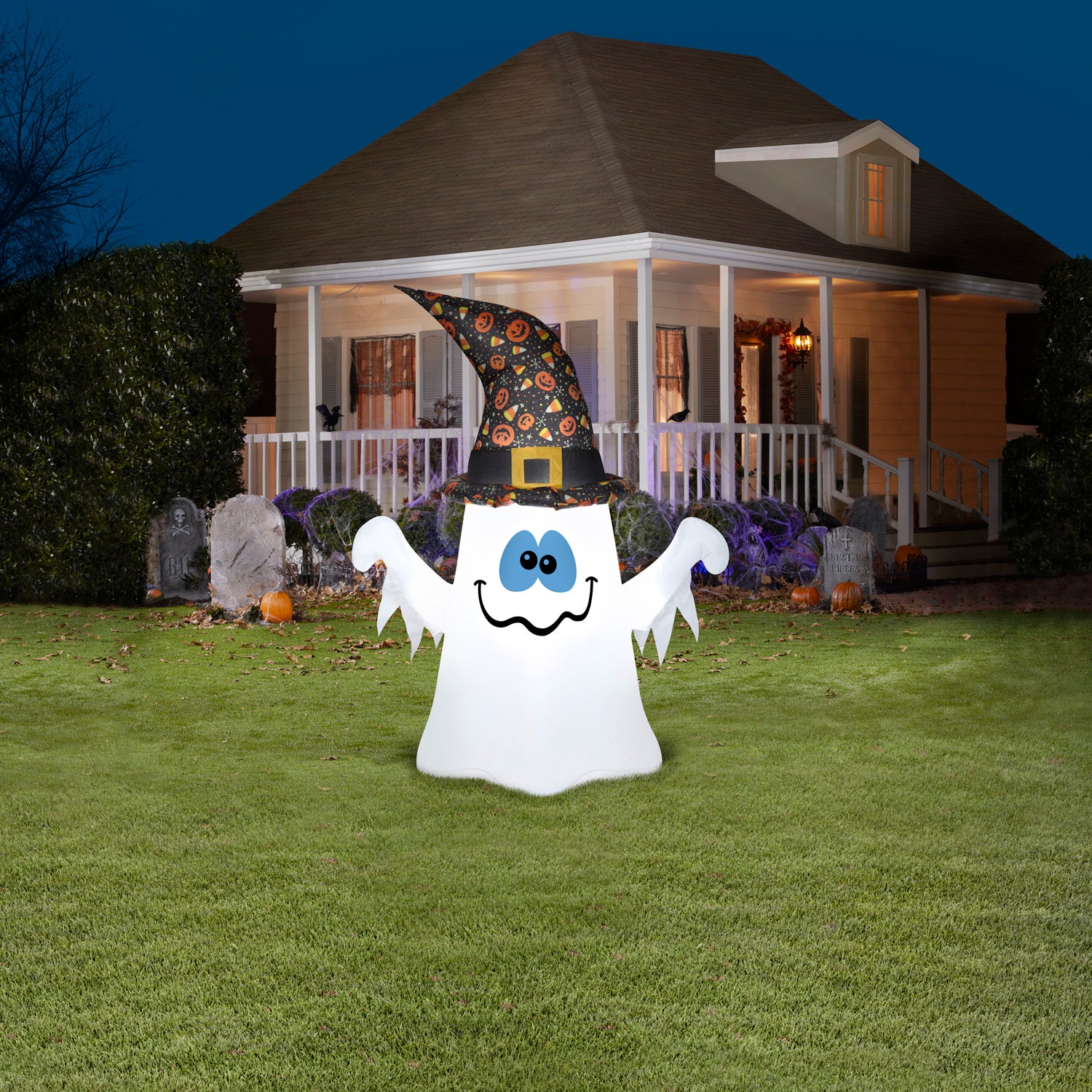 Gemmy Halloween Inflatable Ghost in Witch Hat, 4 ft Tall, Multi