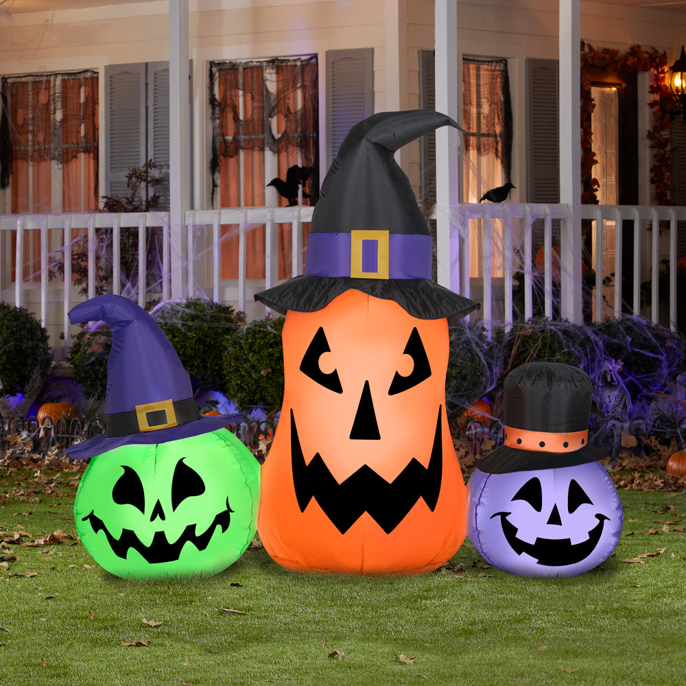 Gemmy Airblown Inflatable Whimsical Pumpkin Trio w/Hats Scene, 4.5 ft Tall, Multi