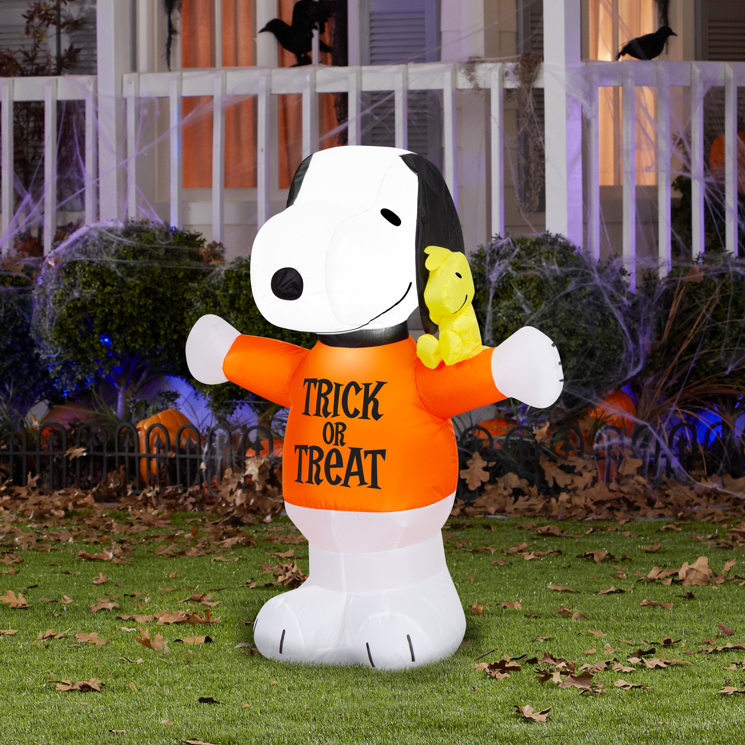 Gemmy Airblown Inflatable Snoopy in Trick or Treat Shirt w/ Woodstock Peanuts, 3 ft Tall, Multicolored