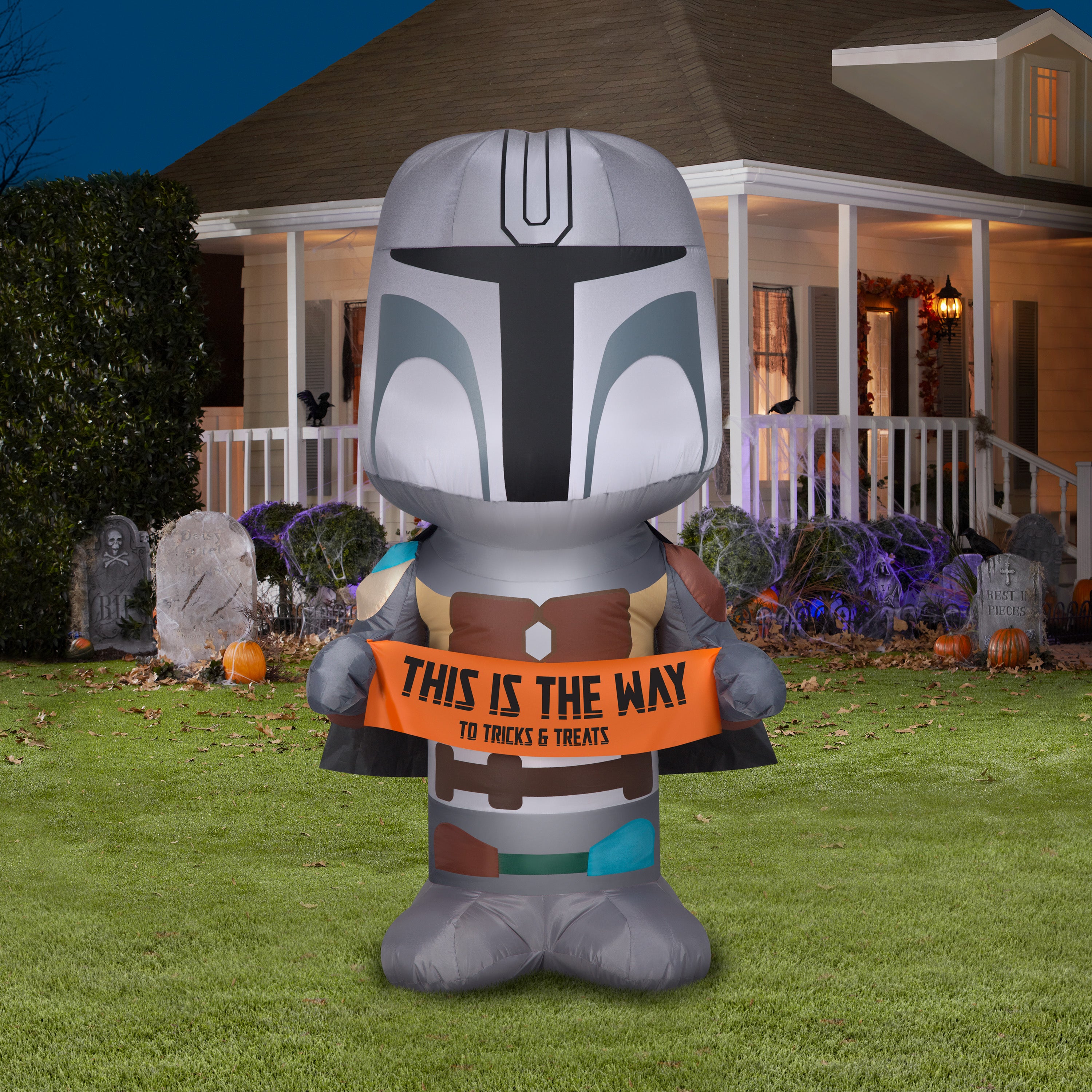 Gemmy Christmas Airblown Inflatable Inflatable Mandalorian with Halloween Banner, 5 ft Tall, grey