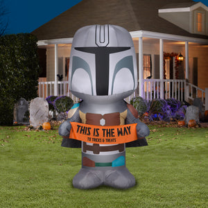 Gemmy Christmas Airblown Inflatable Inflatable Mandalorian with Halloween Banner, 5 ft Tall, grey