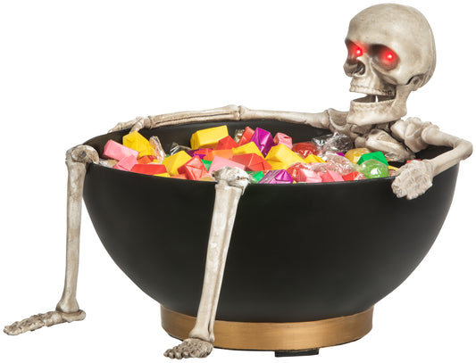 Animated Candy Bowl Moving Jaw Skeleton w/Glowing Red Eyes