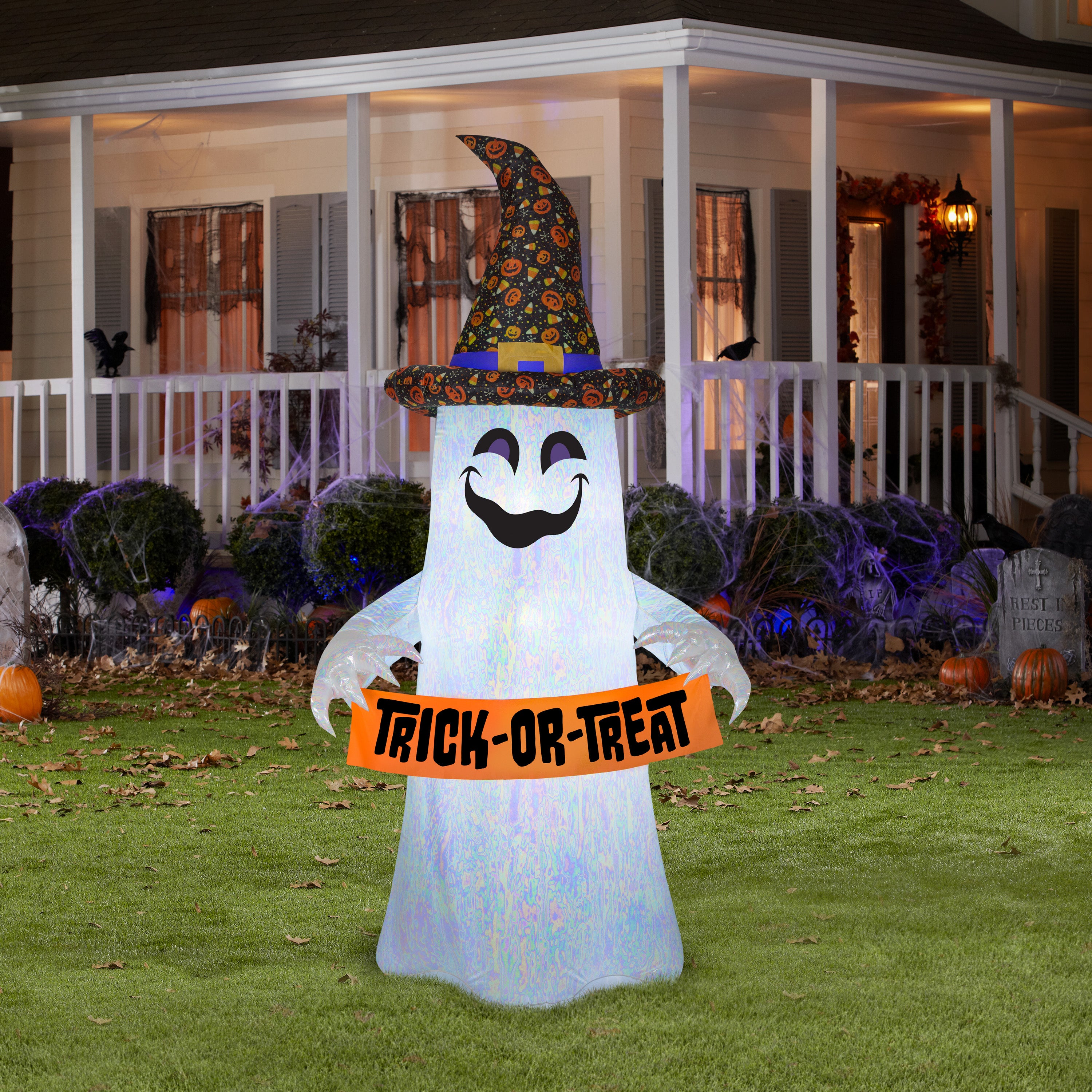 Gemmy Airblown Mixed Media Iridescent Ghost holding Banner, 8 ft Tall