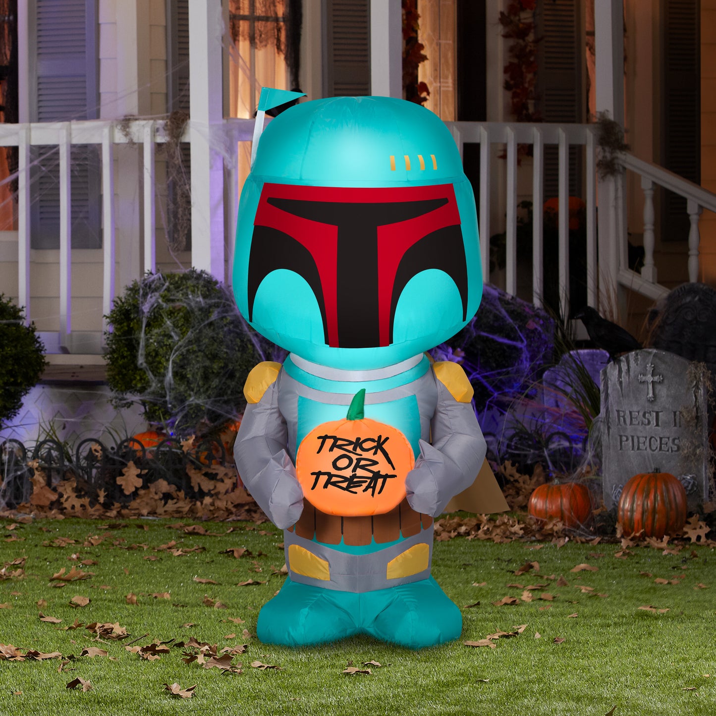 Inflatable Boba Fett with Pumpkin, 3.5 ft Tall, green lifestyle