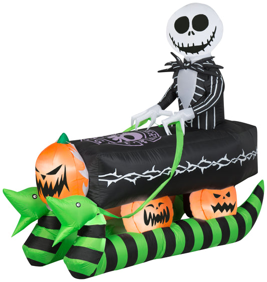 Inflatable Jack Skellington in Coffin Sleigh, 5 ft Tall, black