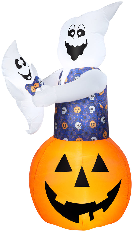 Gemmy Animated Airblown Lifting Mixed Media Whimsical Damask Ghost w/Baby Scene, 6 ft Tall, Orange