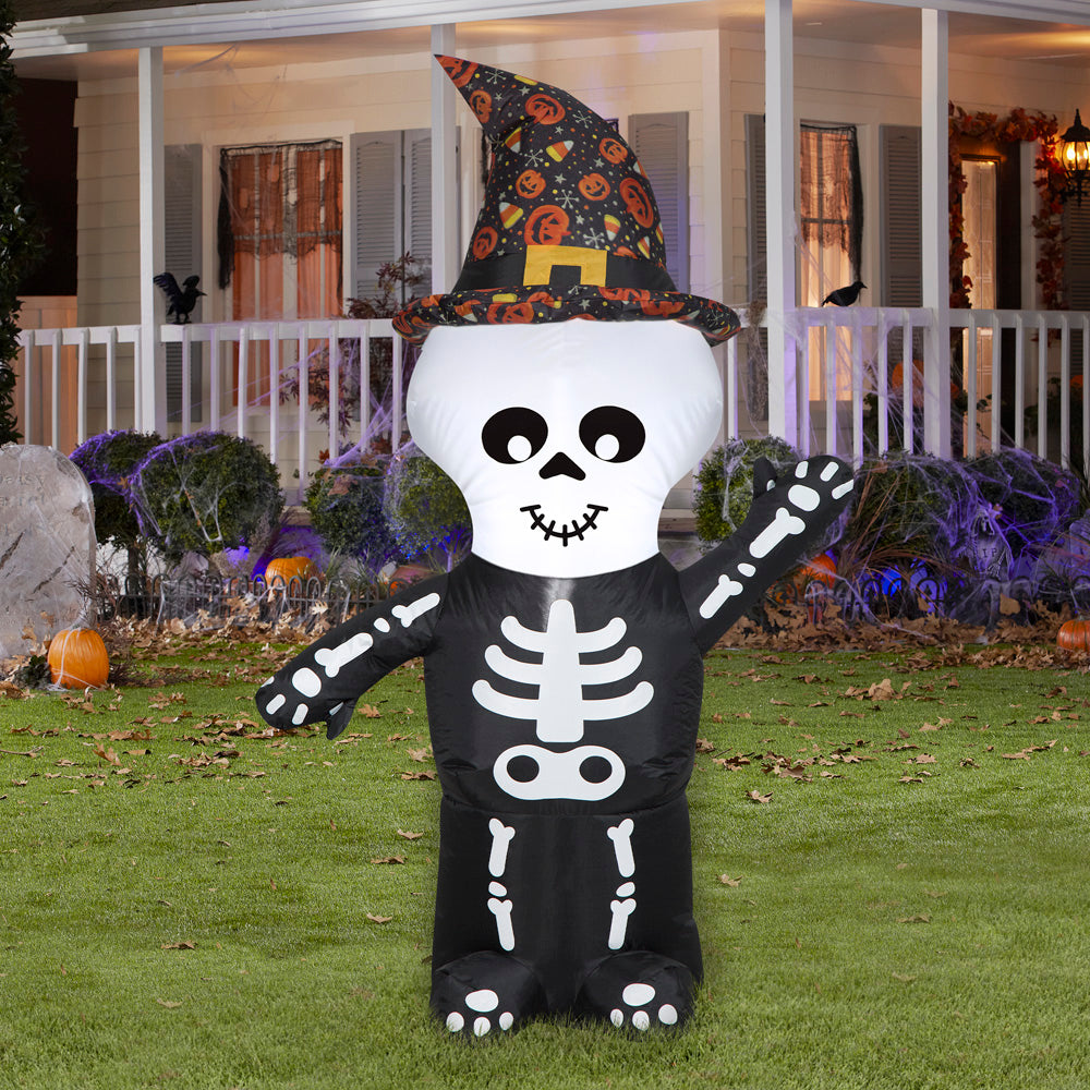 Gemmy Airblown Inflatable Skeleton w/Witch Hat , 4 ft Tall, Multi