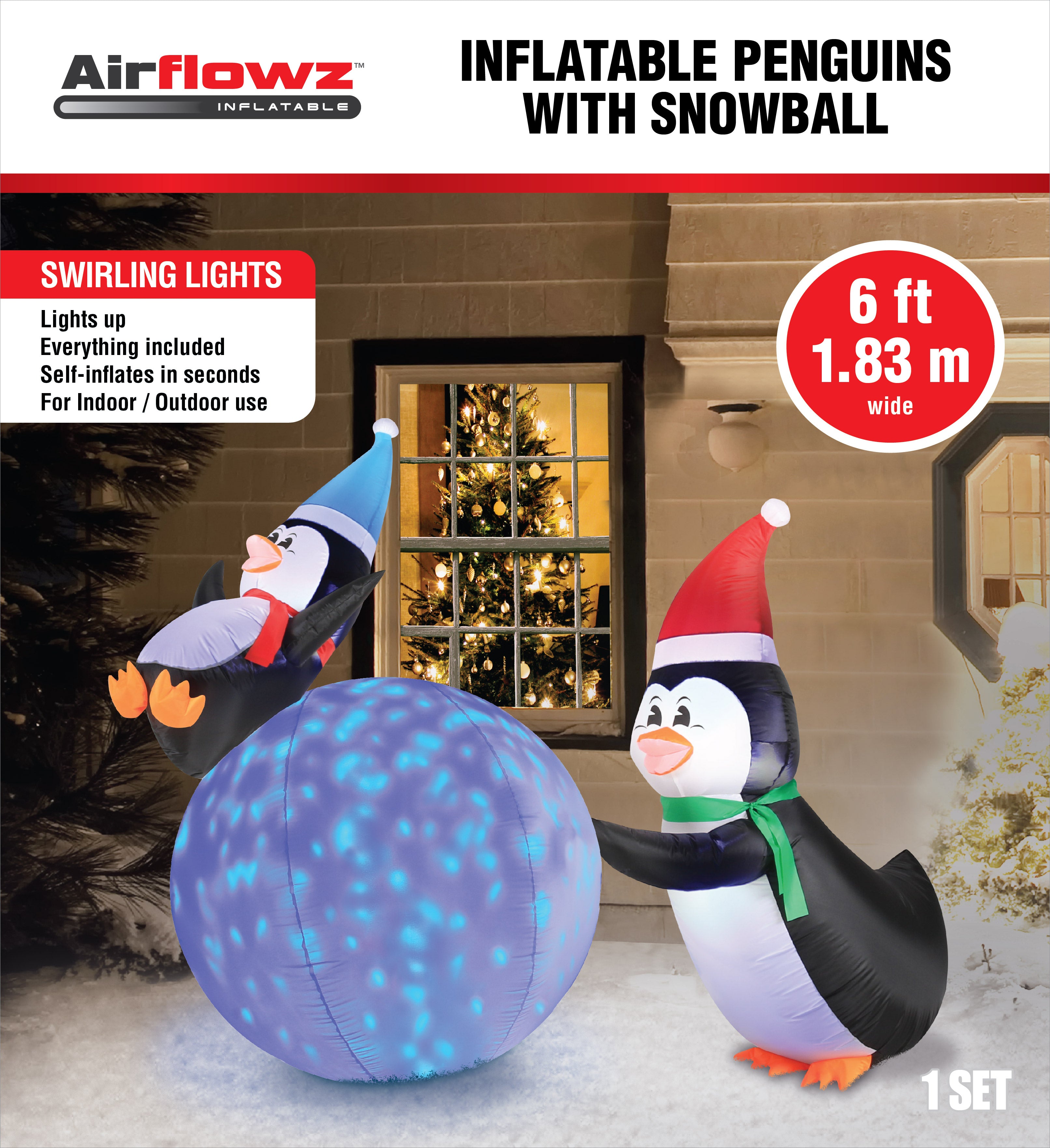 6' Inflatable PENGUINS With Swirling Lights Snowball