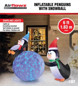 6' Inflatable PENGUINS With Swirling Lights Snowball