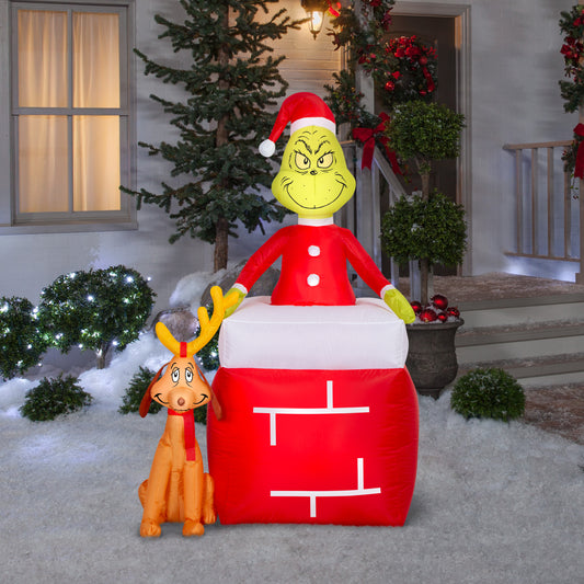 5.5-Ft Dr. Seuss Grinch Out of Chimney with Max Christmas Inflatable lifestyle