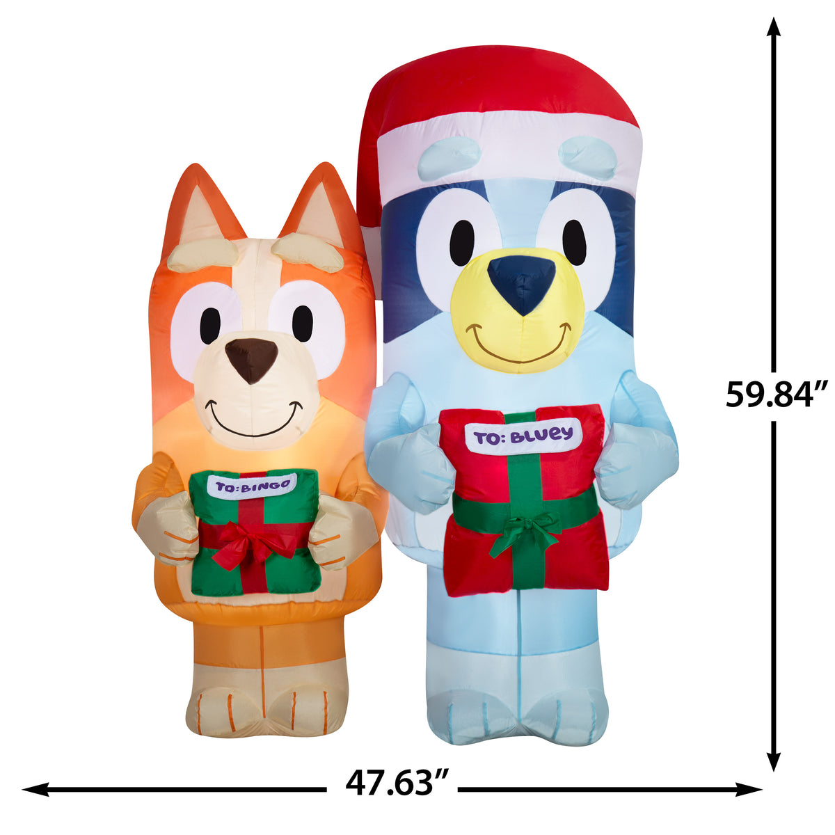 Bluey and Bingo inflatable dimensions: 59.84 in H x 46.06 in W x 47.63 in L