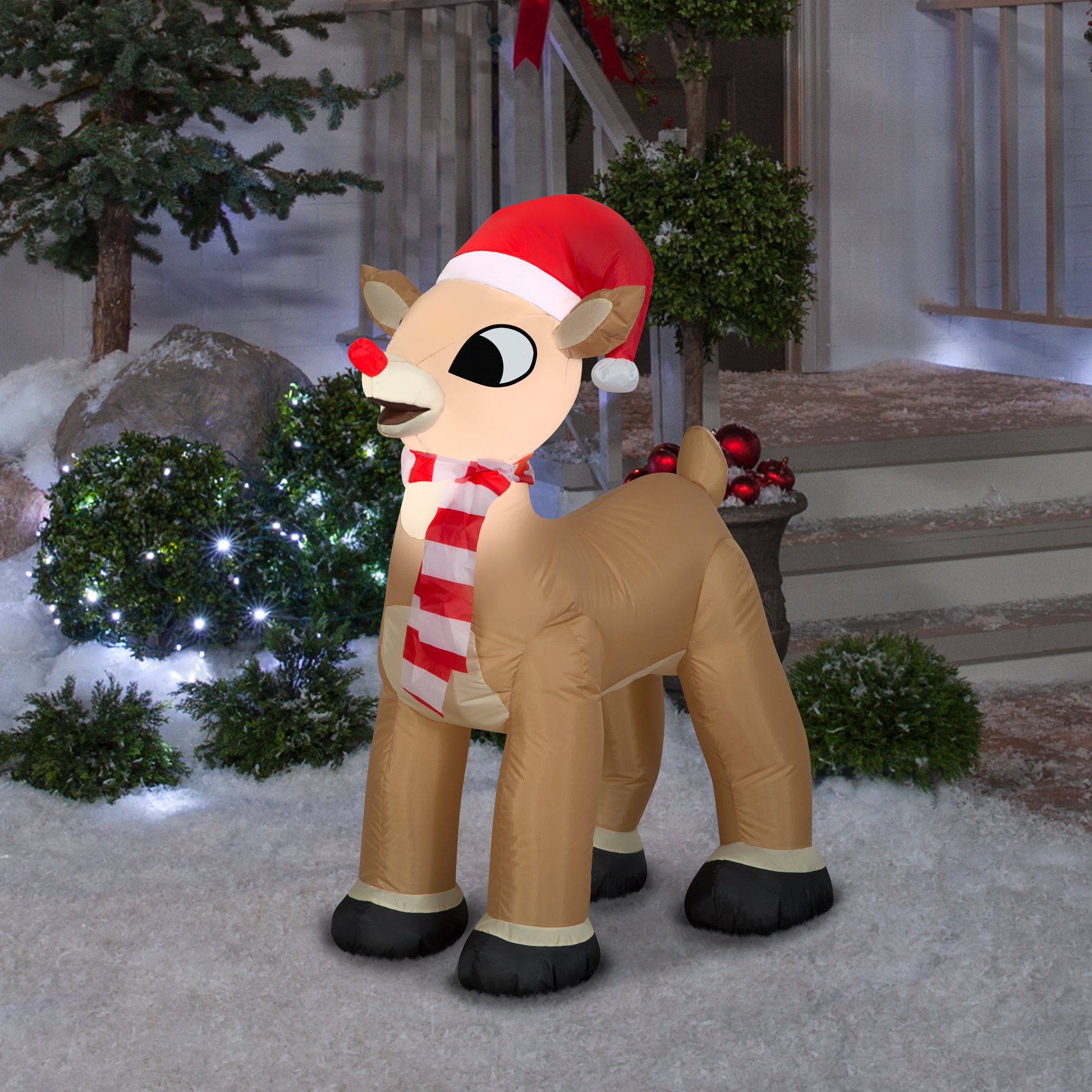 Christmas Inflatable Standing rudolph w/Santa Hat & Scarf, 3.5 ft Tall lifestyle