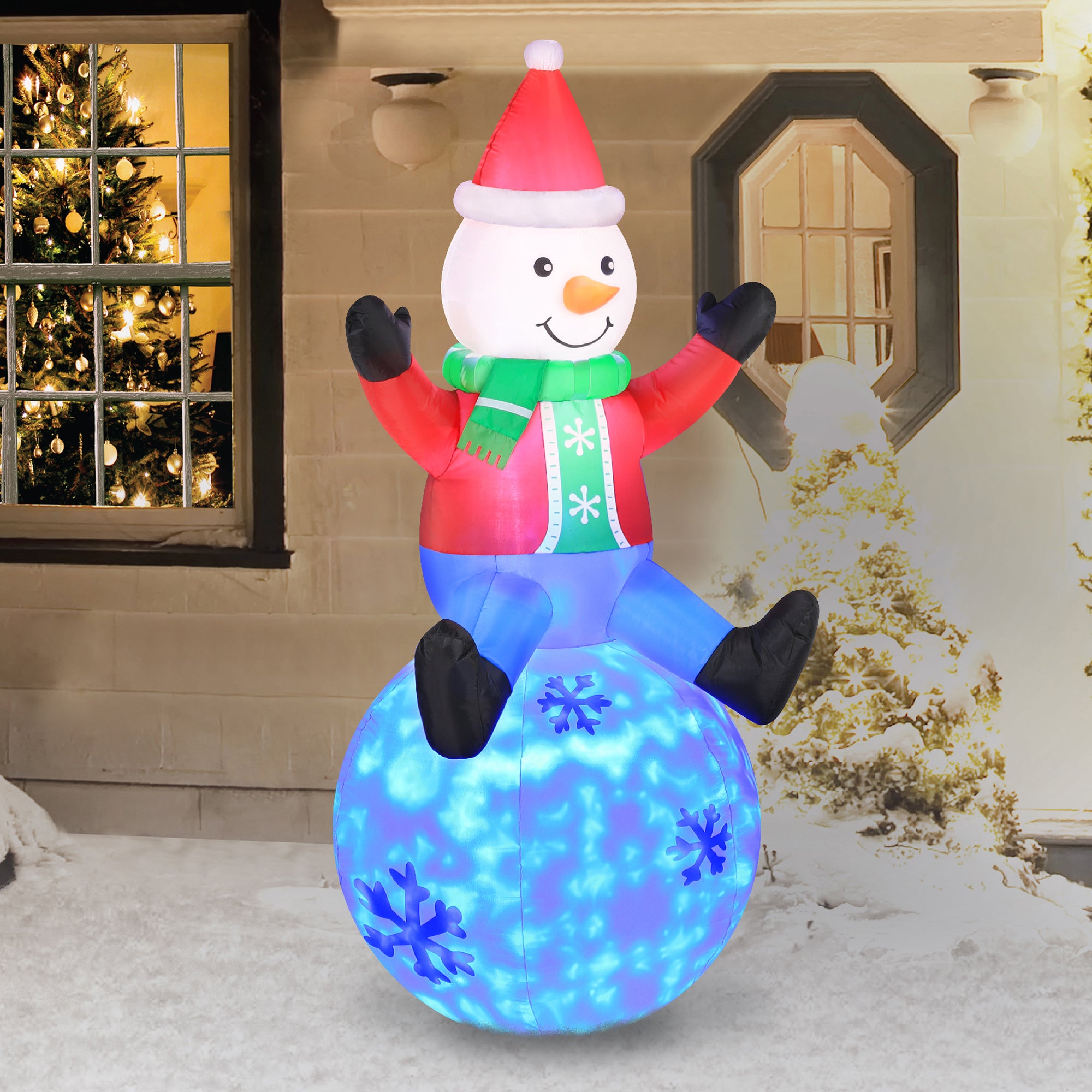 Occasions 5' INFLATABLE SNOWMAN ON SWIRLING LIGHTS SNOWBALL,  Tall, Multicolored