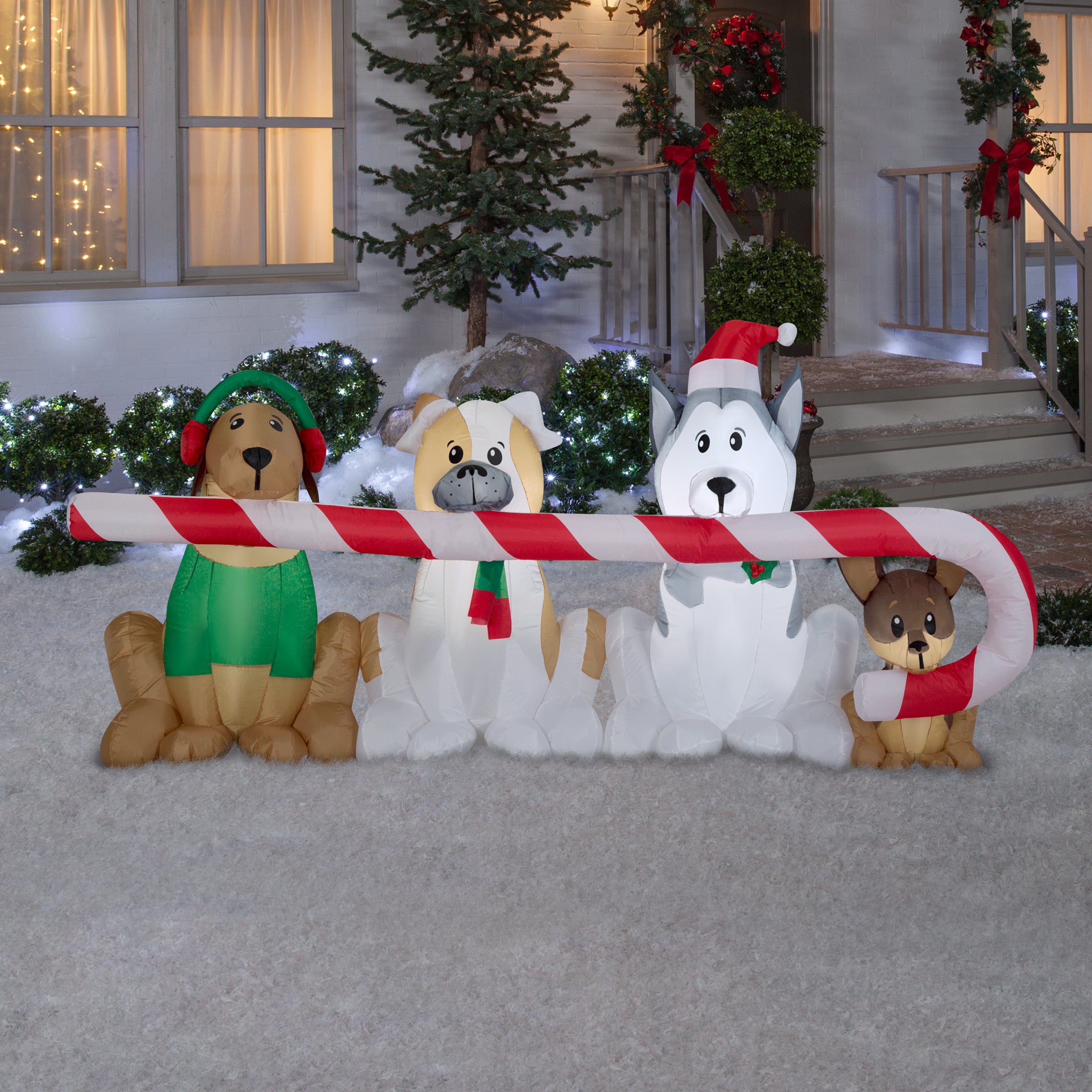 3.5' Airblown Puppies sharing a Big Candy Cane Christmas Inflatable