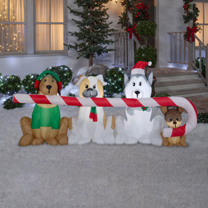 3.5' Airblown Puppies sharing a Big Candy Cane Christmas Inflatable