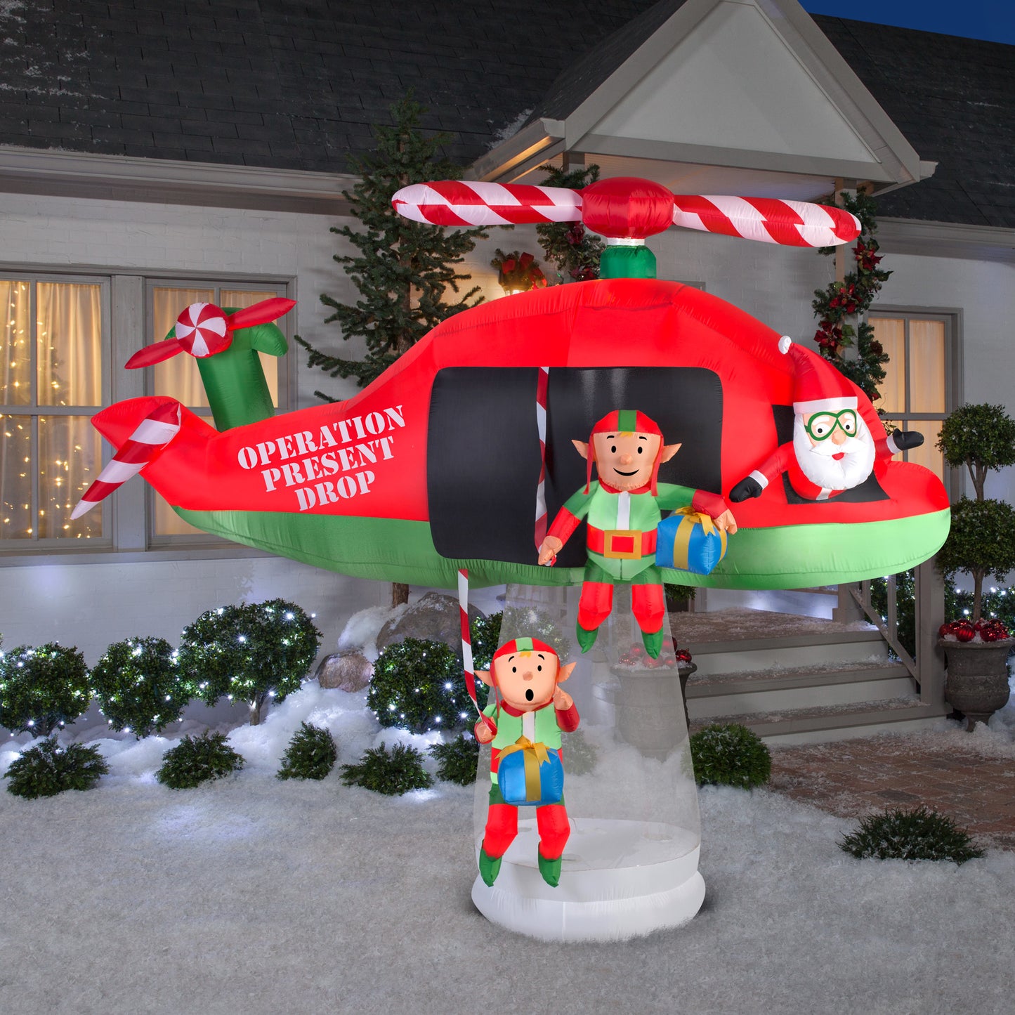 9.5' Wide Animated Airblown-Santa and Elves in Helicopter Scene Christmas Inflatable lifestyle