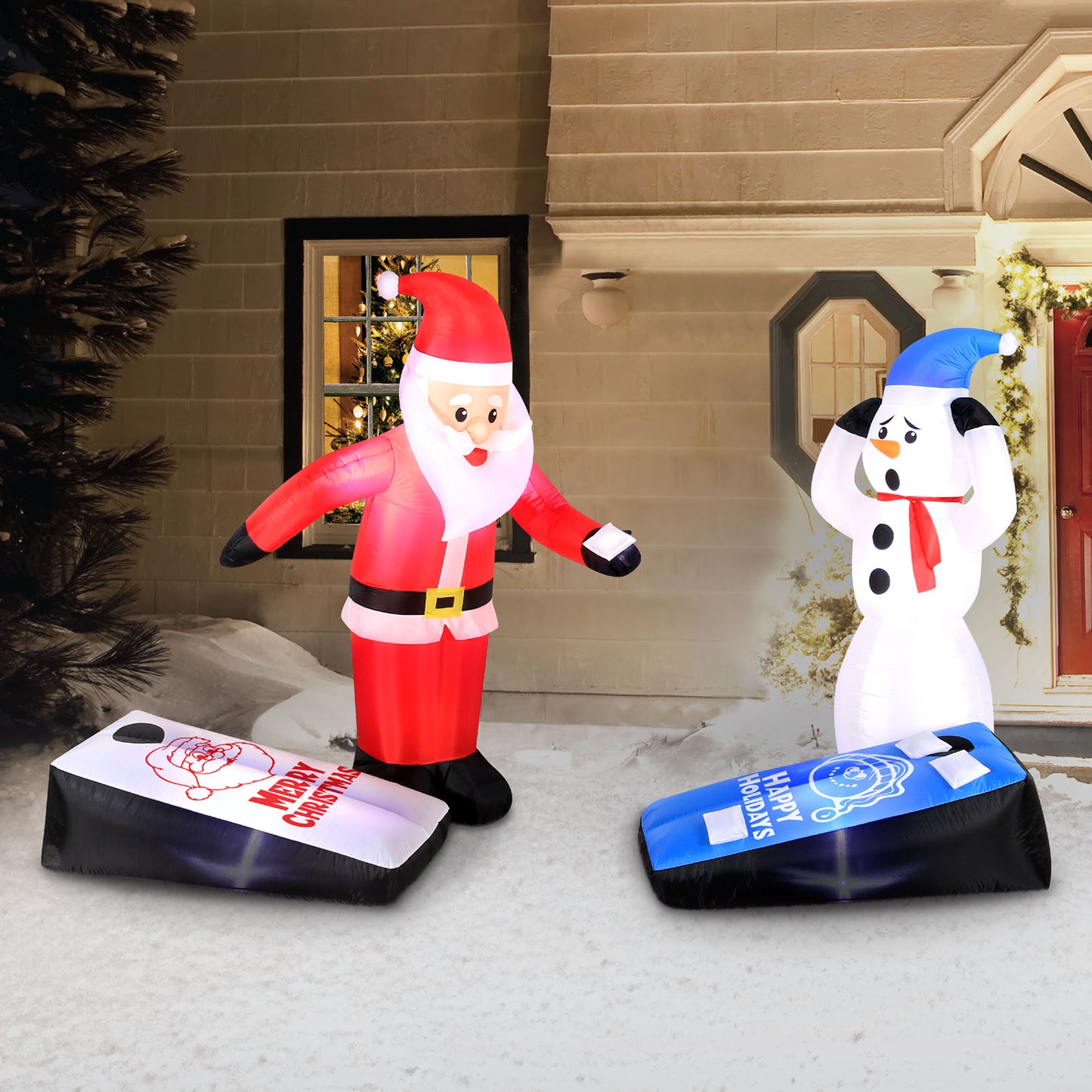 Occasions 5' INFLATABLE SANTA AND SNOWMAN PLAYING CORN HOLE WITH INNER, 5 ft Tall, Multicolored lifestyle