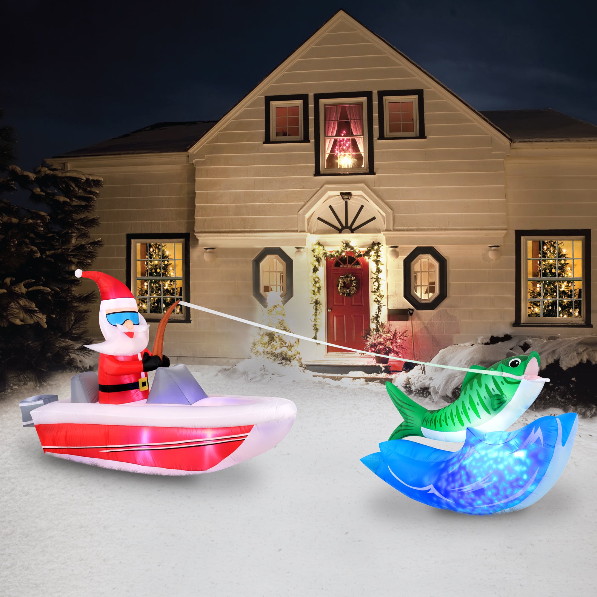 Occasions 14' INFLATABLE BOAT FISHING SANTA WITH SWIRLING LIGHTS INNER, 4 ft Tall, Multicolored
