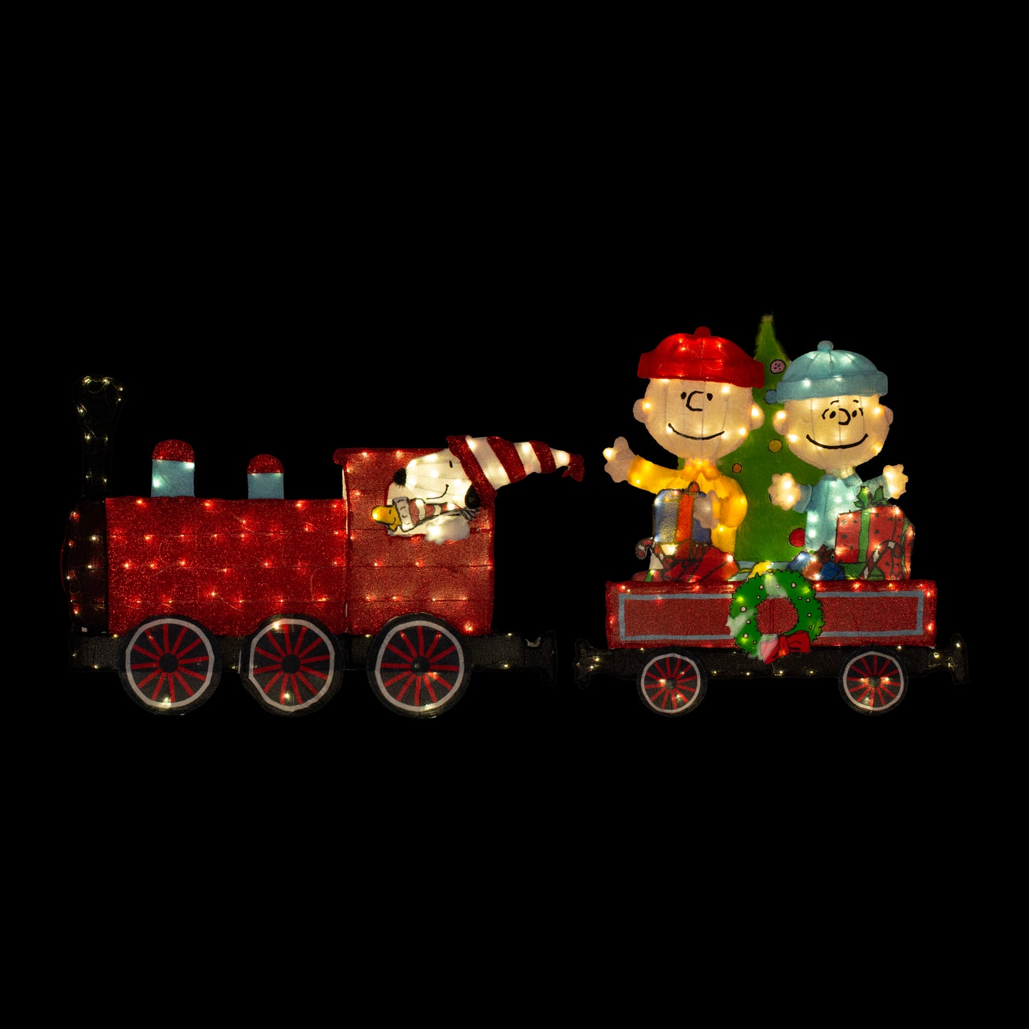 ProductWorks 79IN WIDE PEANUTS PRE LIT LED 2D YARD ART TWO PIECE TRAIN SET, Red
