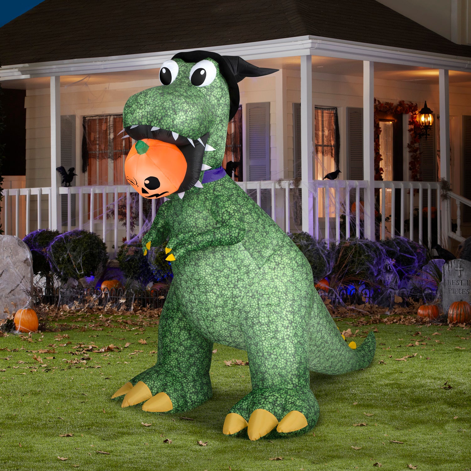 Gemmy Animated Halloween Inflatable T Rex with Jack O' Lantern, 7.5 ft Tall, Multi