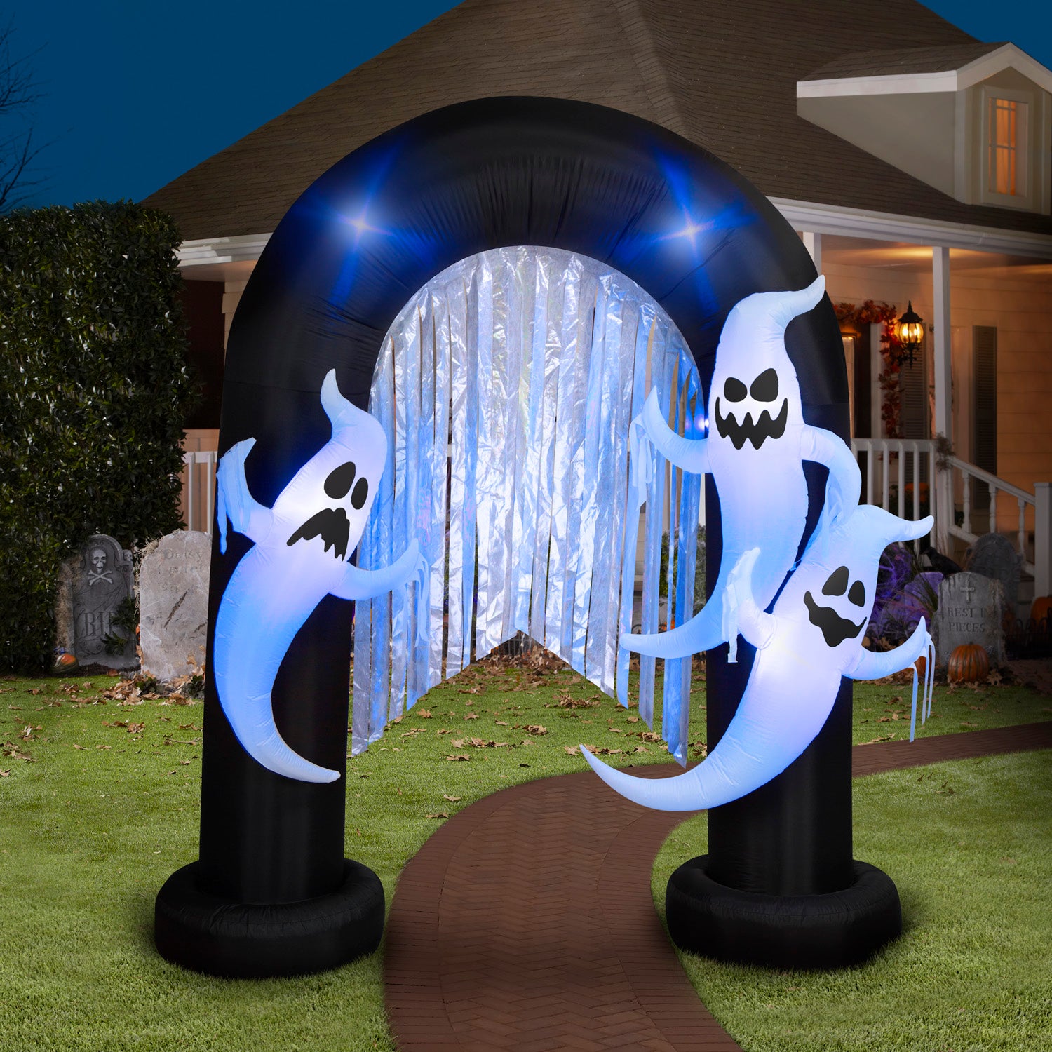 Halloween Inflatable Ghost Archway with Flickering Black Lights and Metallic Streamers, 9 ft Tall lifestyle