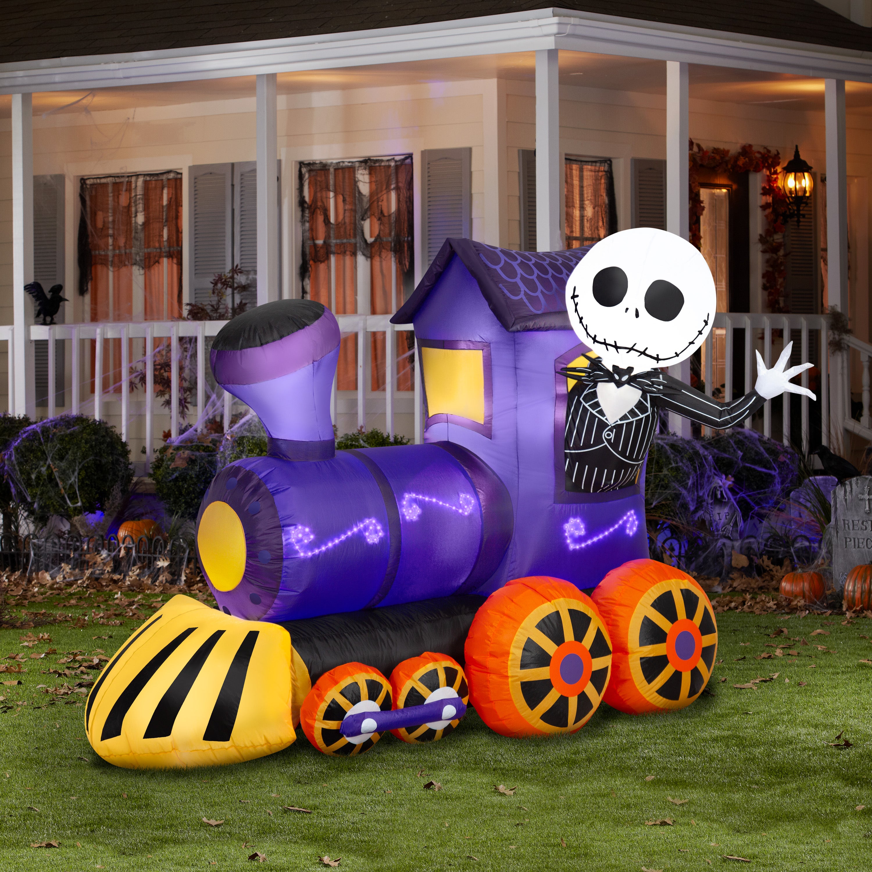 Gemmy Lightshow Airblown Inflatable Jack Skellington in Sewn in Micro LED Purple Train Scene Disney, 5 ft Tall