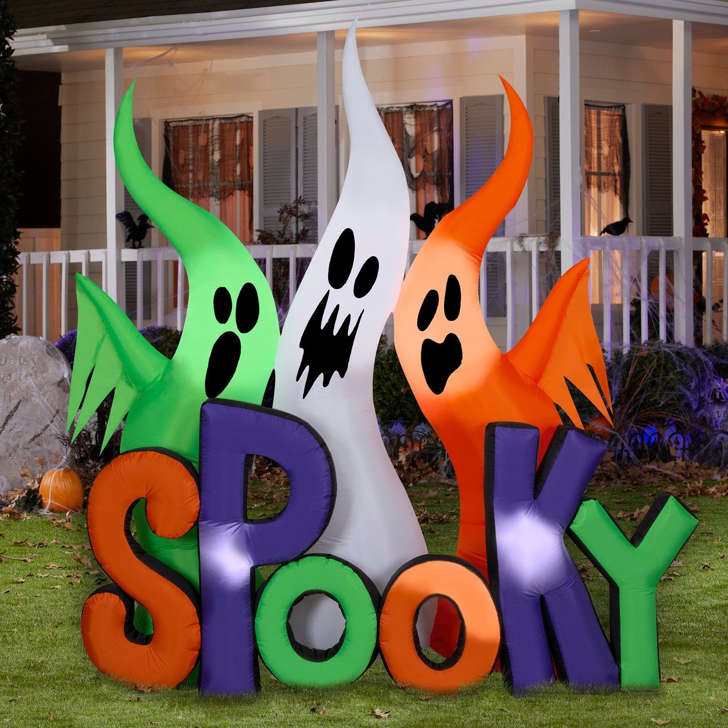 Gemmy Halloween Inflatable Ghosts with "Spooky" Sign, 8 ft Tall, Multi