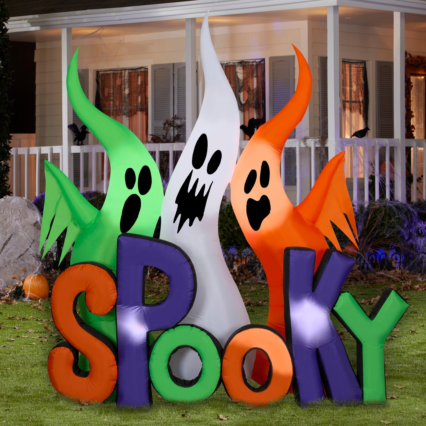Halloween Inflatable Ghosts with "Spooky" Sign, 8 ft Tall lifestyle