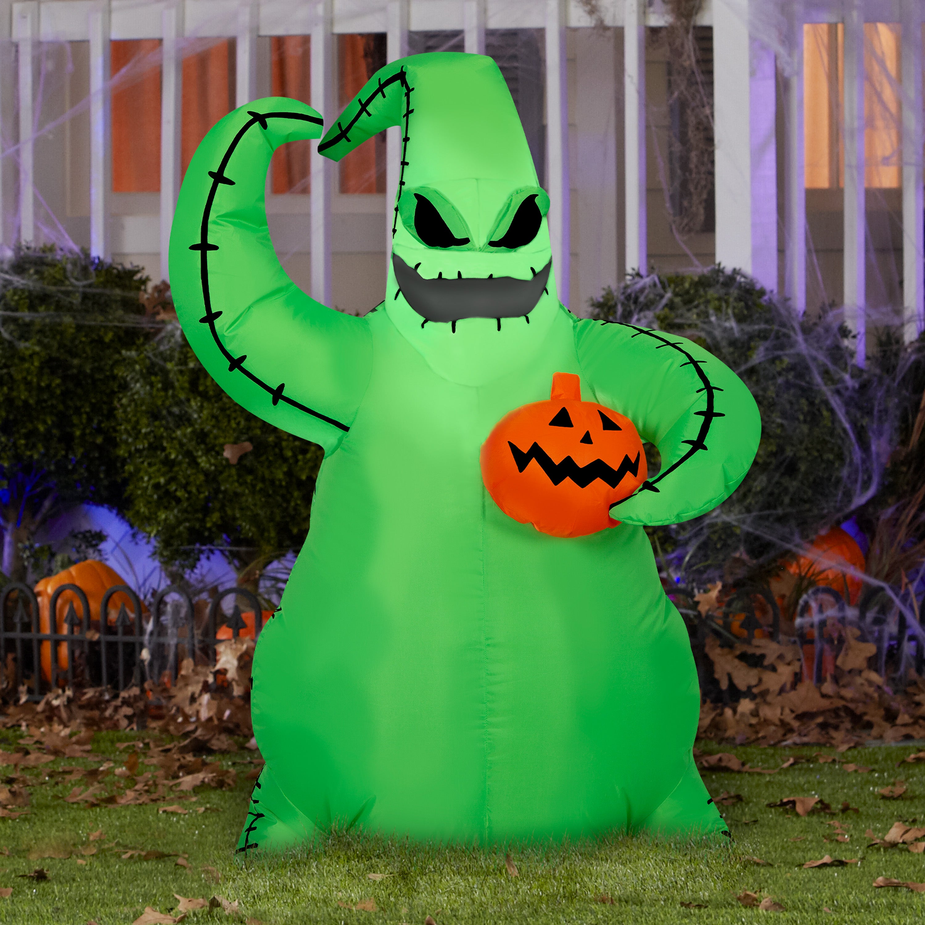 Gemmy Airblown Inflatable Green Oogie Boogie Holding Pumpkin Disney , 3.5 ft Tall, Multicolored