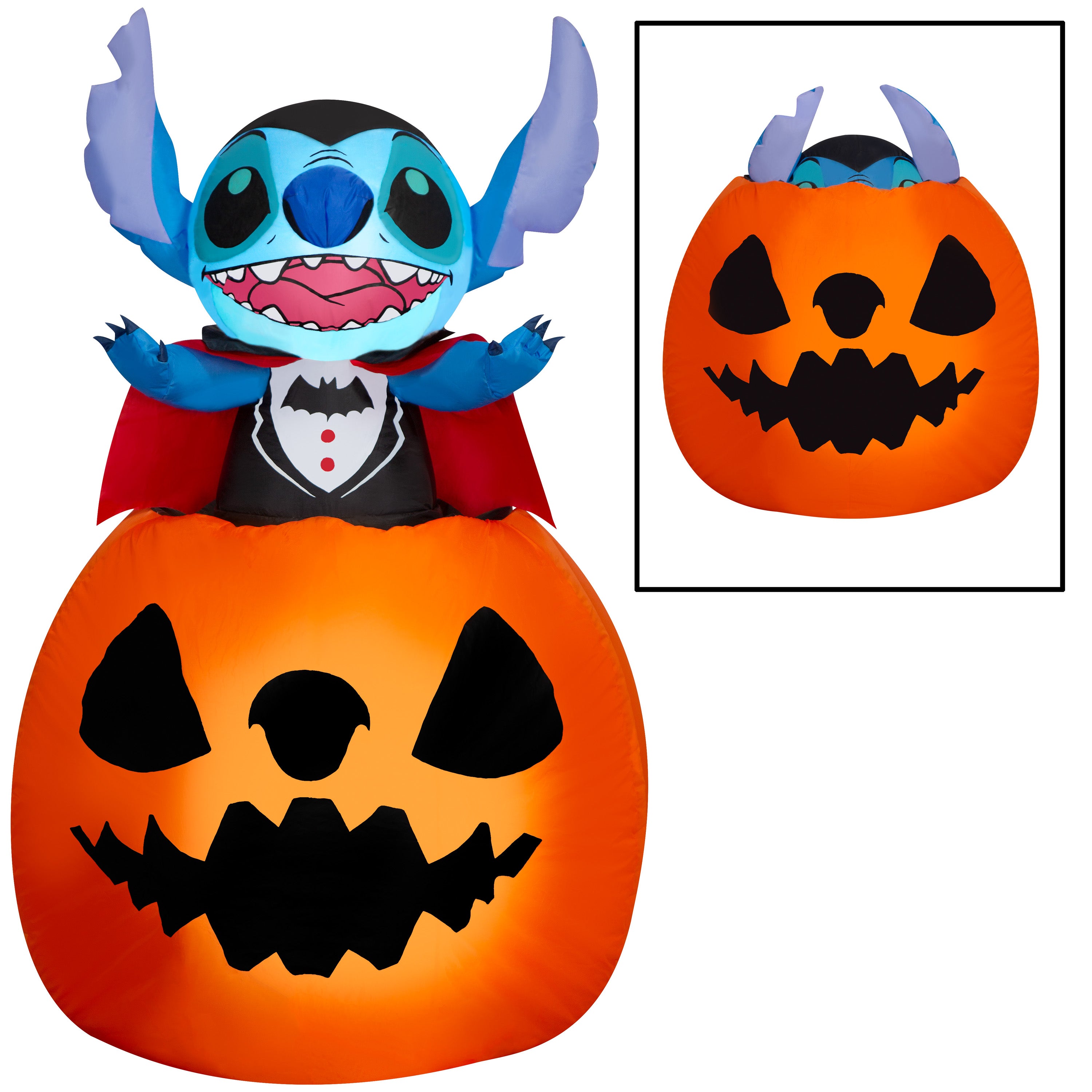 Gemmy Animated Airblown Inflatable Vampire Stitch Popping Out of Pumpkin Disney, 5 ft Tall, Multicolored