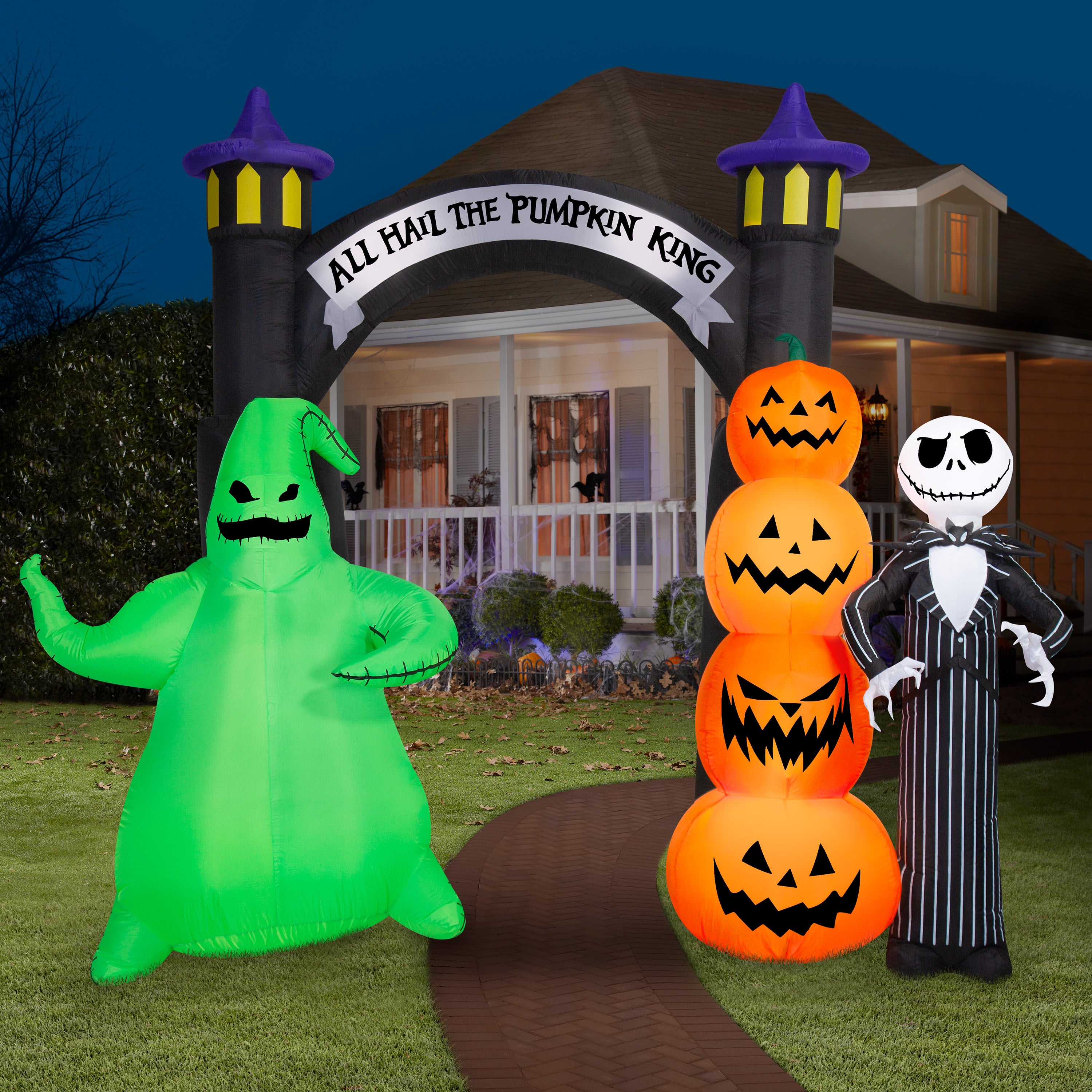 Gemmy Airblown Inflatable NBC Jack and Oogie w/Pumpkins Archway Disney, 8.5 ft Tall, Multicolored