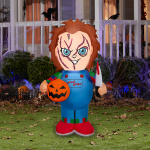 Gemmy Airblown Inflatable Stylized Chucky Holding Pumpkin Universal , 3.5 ft Tall, Multicolored