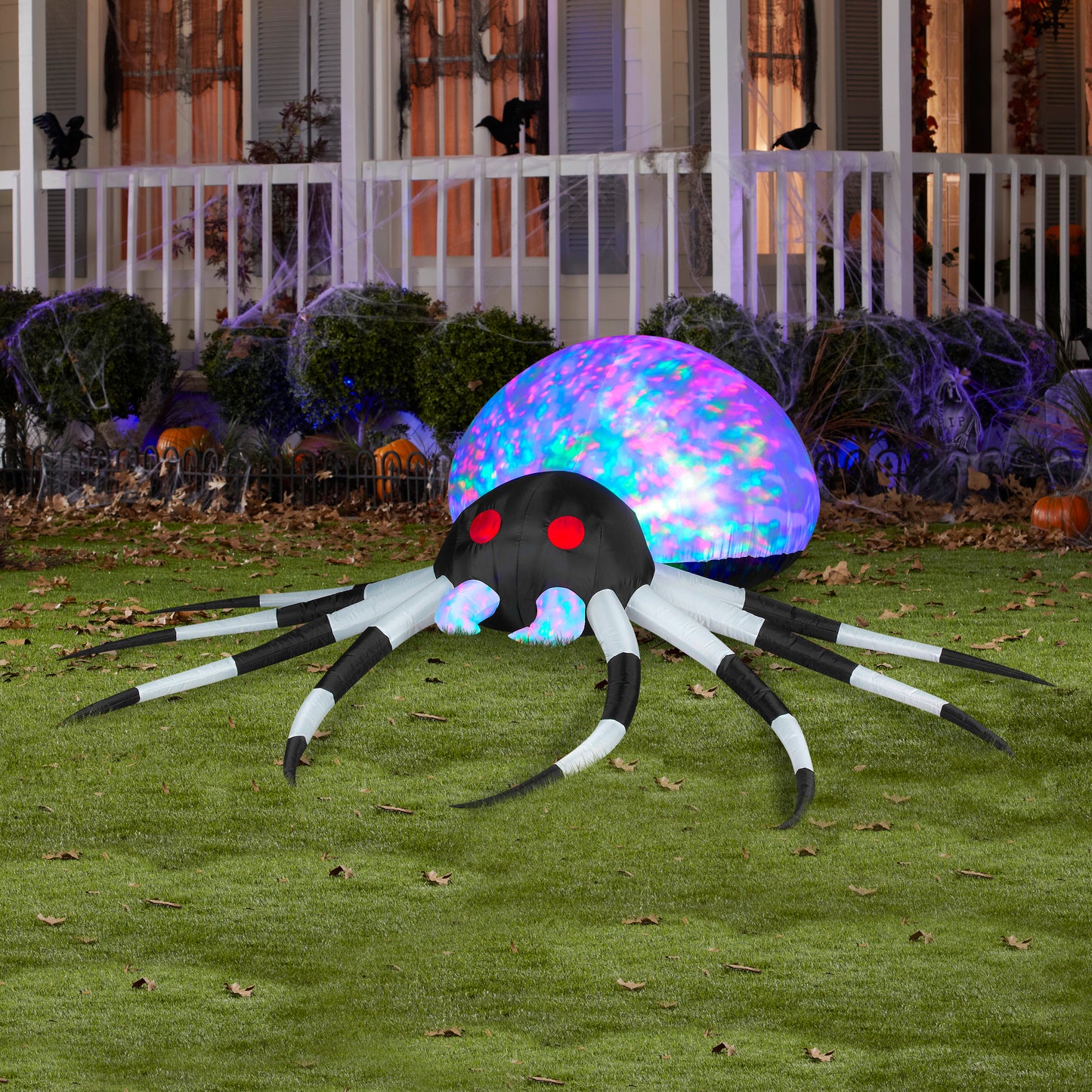 8' Projection Kaleidoscope Black and White Spider Halloween Inflatable lifestyle