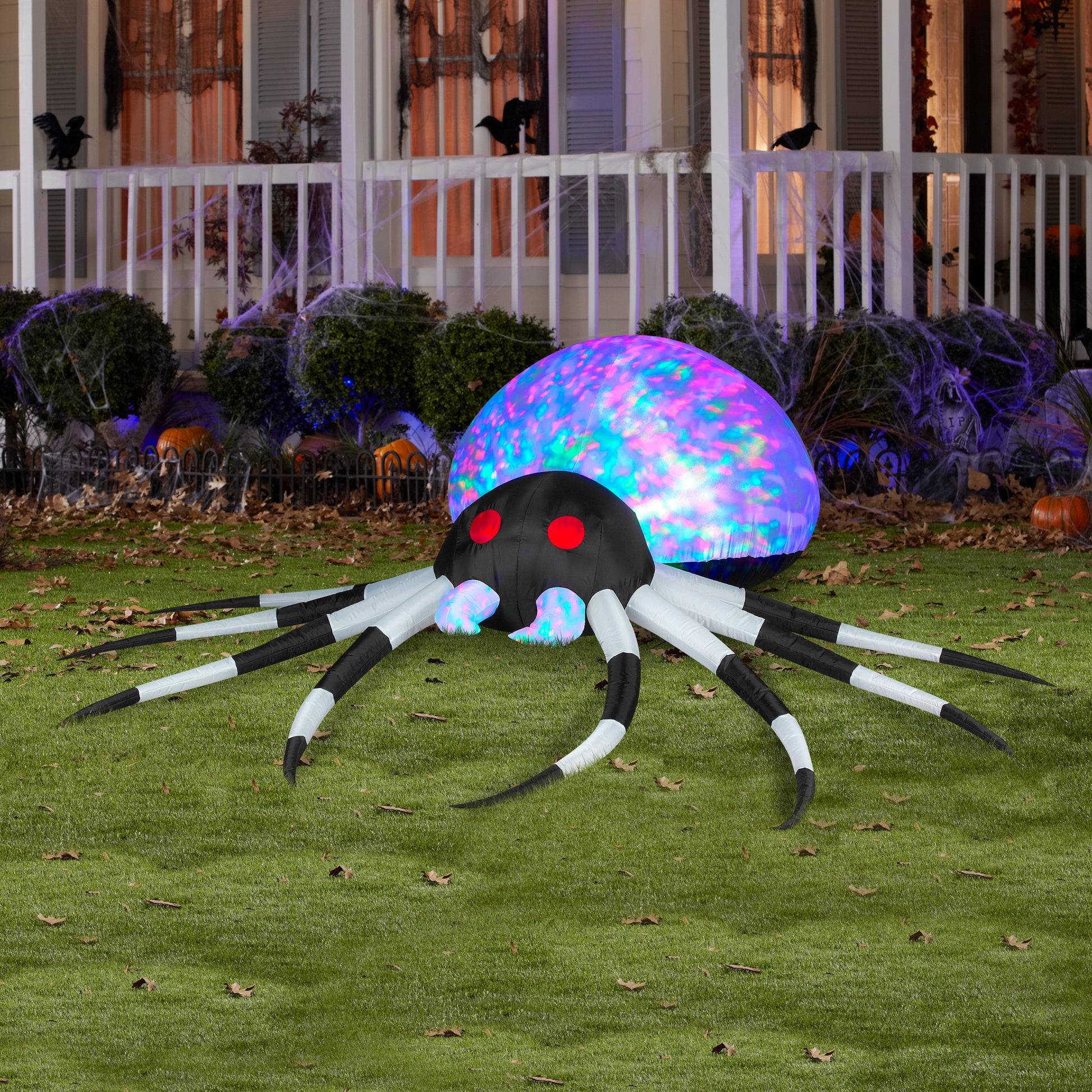 8' Projection Kaleidoscope Black and White Spider Halloween Inflatable lifestyle