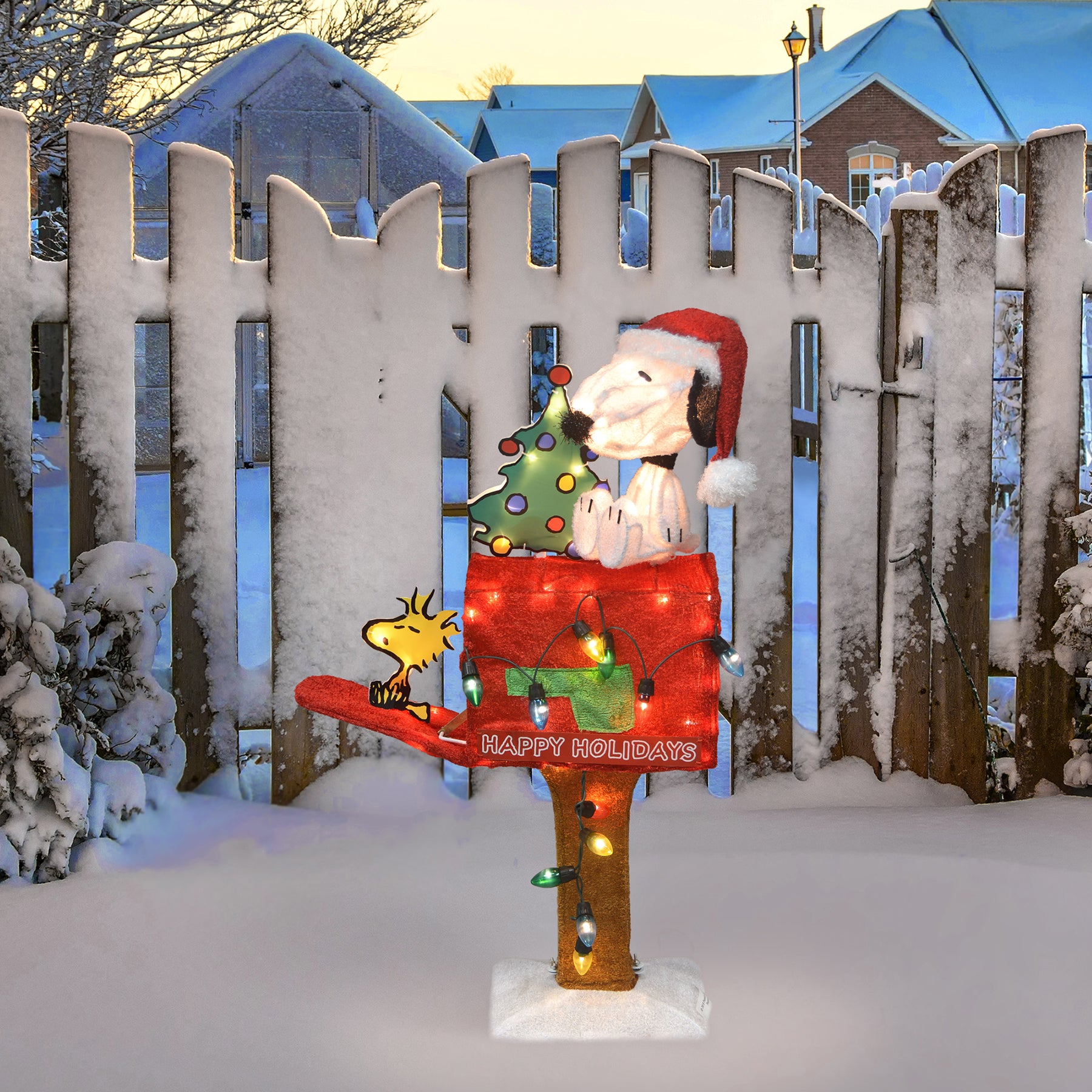 32-Inch Peanuts 3D Pre-Lit LED Yard Art Snoopy with Tree On Mailbox Christmas Décor lifestyle