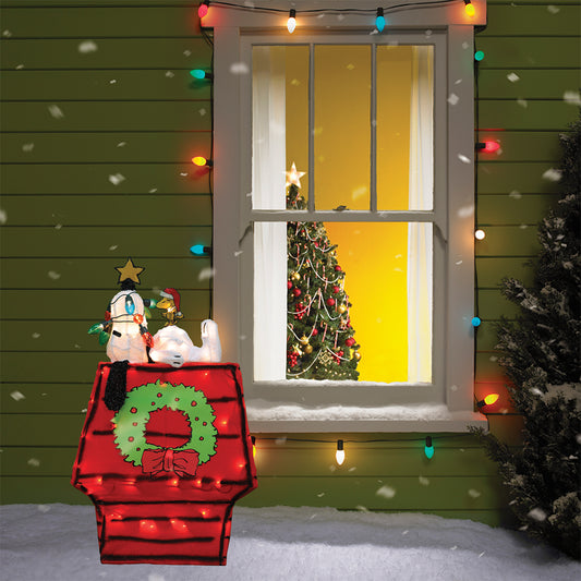 ProductWorks 26IN PEANUTS 3D LED PRE LIT YARD ART SNOOPY ON DOG HOUSE WITH STAR, Red